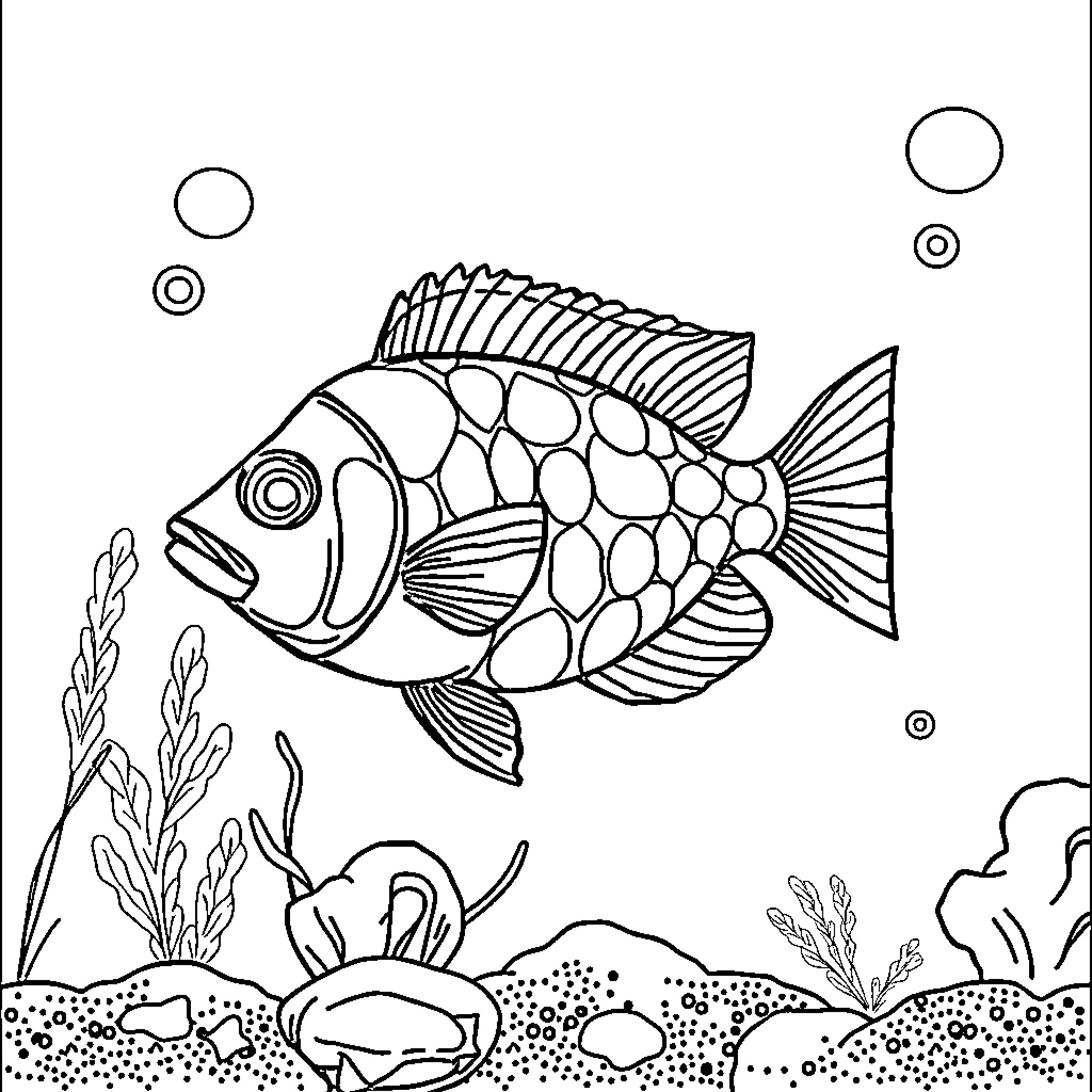 Fish swimming in underwater seascape Coloring Page (free black-and-white line drawing printable PDF for all, from beginners to advanced learners, including children, teens, adults, and seniors)