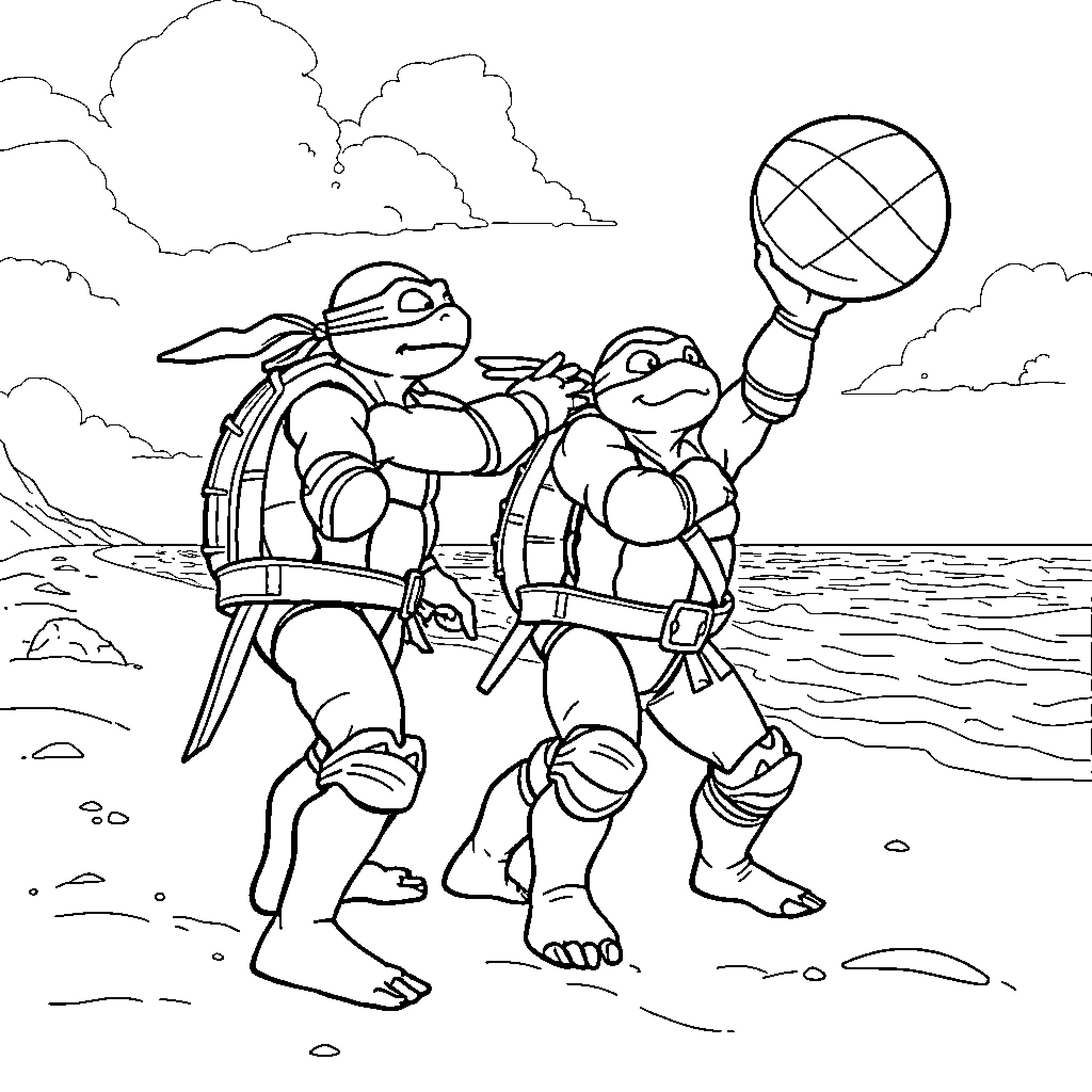 Ninja Turtles Exploring Beach with Lantern Coloring Page (free black-and-white line drawing printable PDF for all, from beginners to advanced learners, including children, teens, adults, and seniors)
