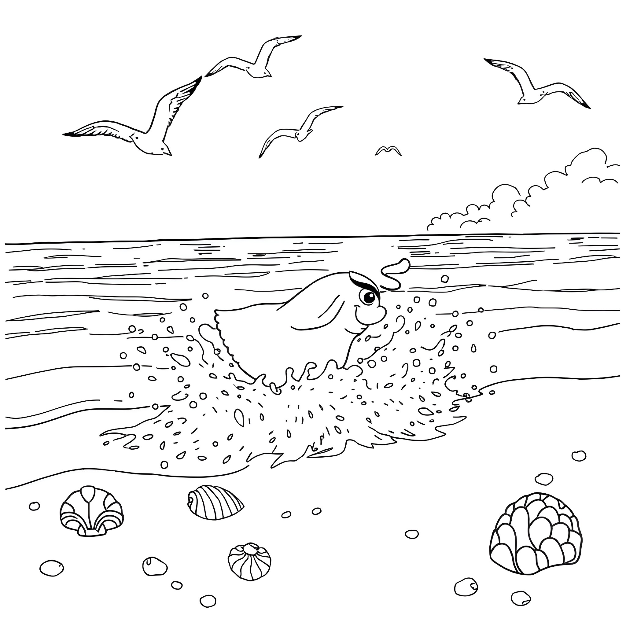 Bluey playing joyfully in the ocean waves Coloring Page (free black-and-white line drawing printable PDF for all, from beginners to advanced learners, including children, teens, adults, and seniors)
