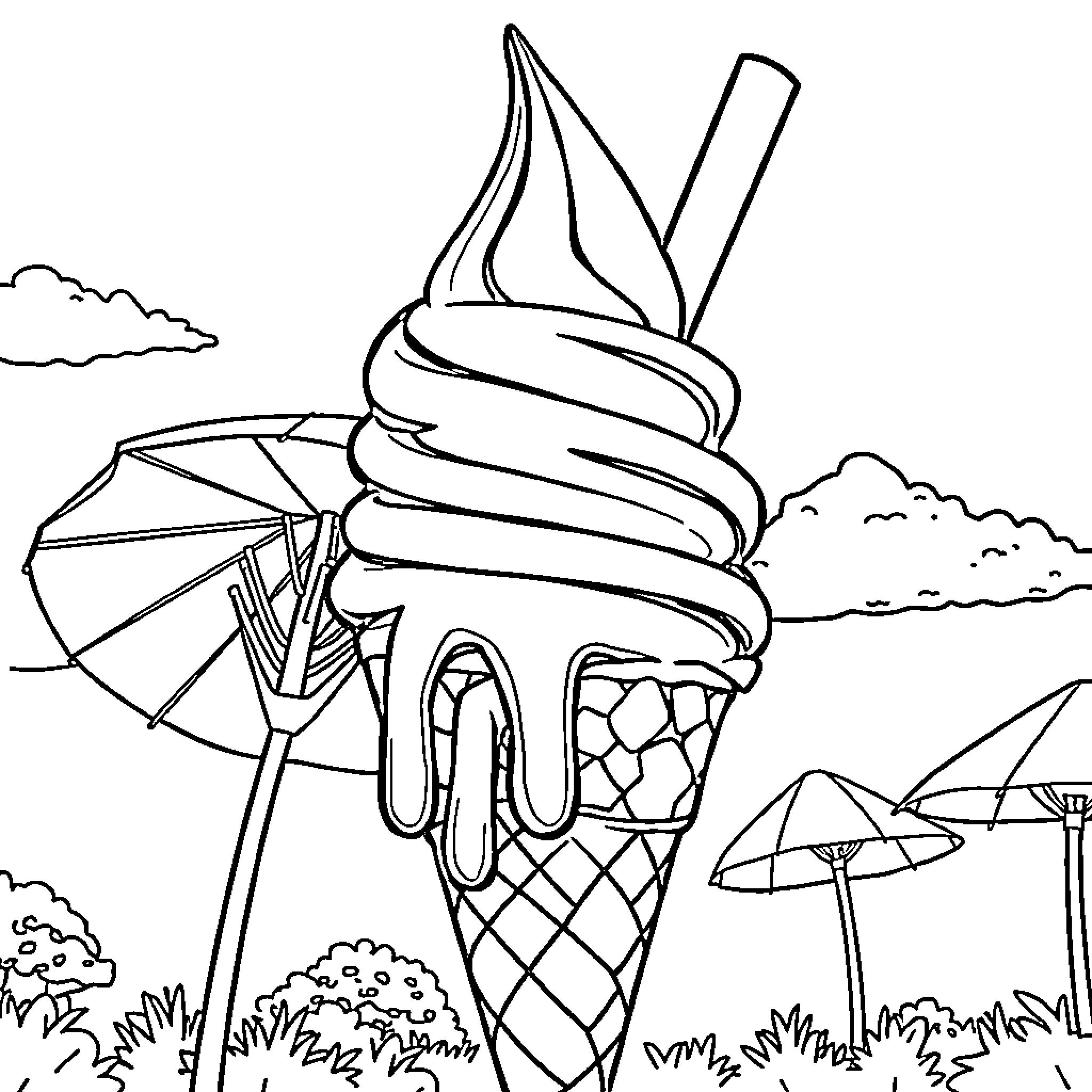 Ice Cream Cone Swirling with Umbrellas Coloring Page (free black-and-white line drawing printable PDF for all, from beginners to advanced learners, including children, teens, adults, and seniors)