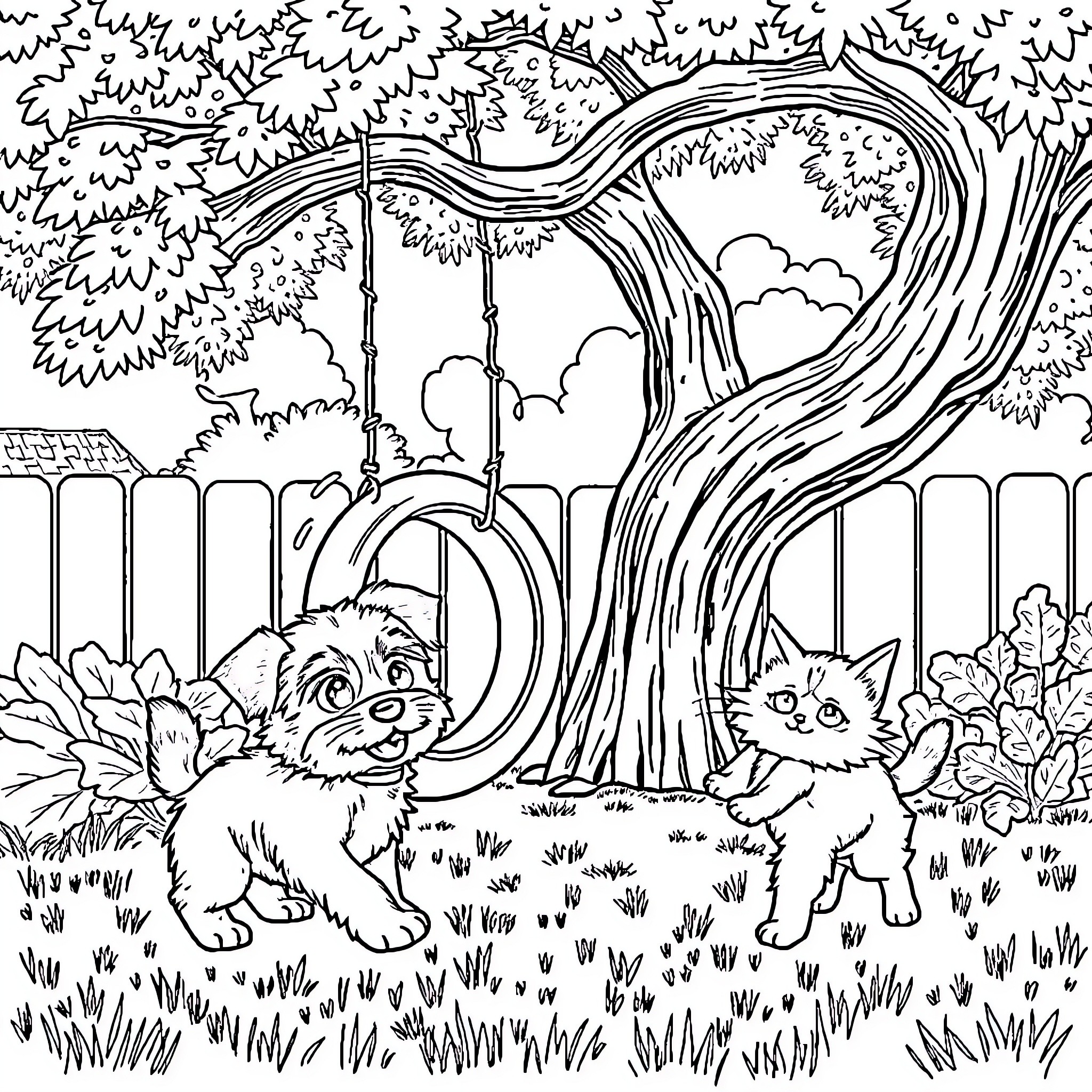 Yorkies playing playfully in the backyard garden Coloring Page (free black-and-white line drawing printable PDF for all, from beginners to advanced learners, including children, teens, adults, and seniors)