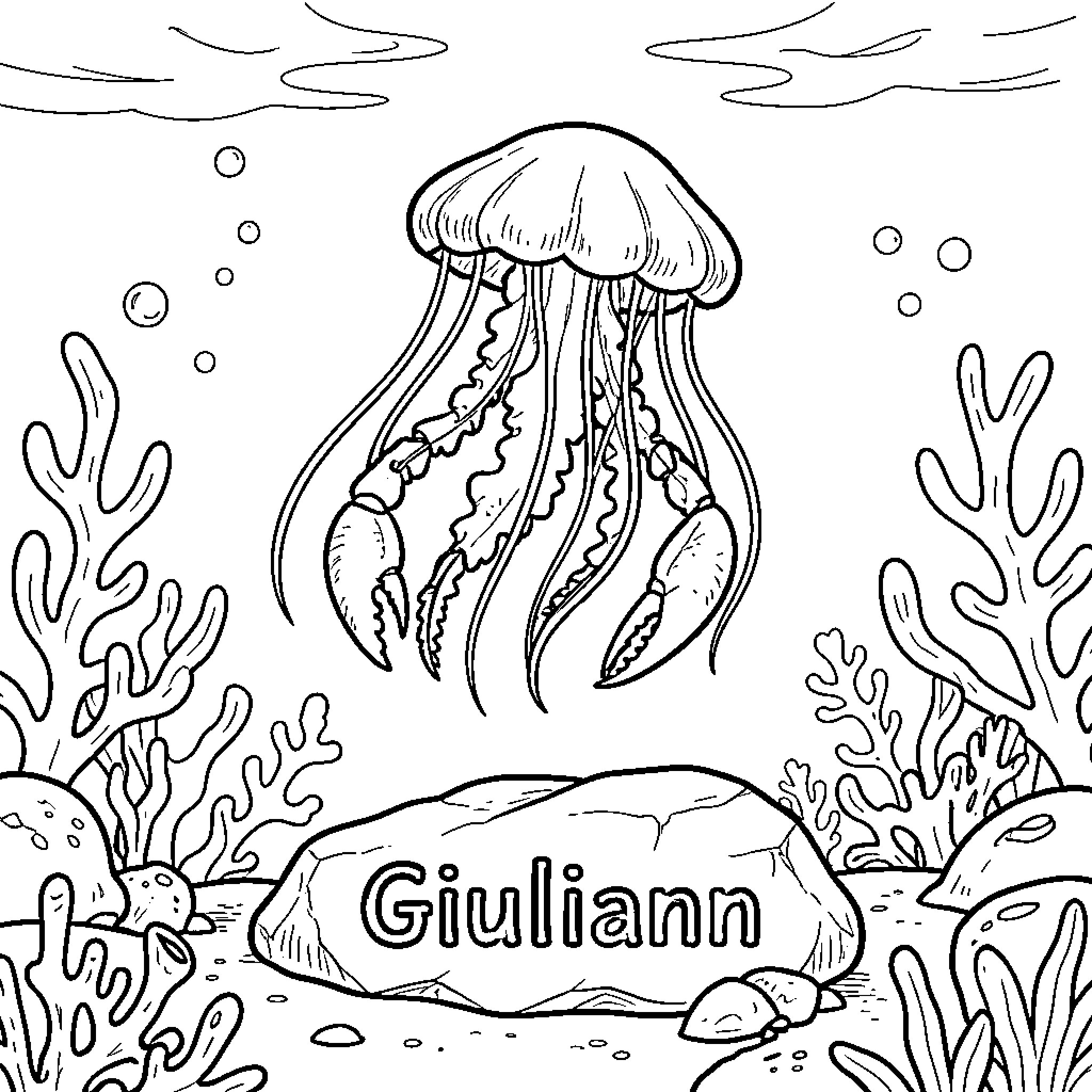 Jellyfish swimming gracefully among coral and rocks Coloring Page (free black-and-white line drawing printable PDF for all, from beginners to advanced learners, including children, teens, adults, and seniors)
