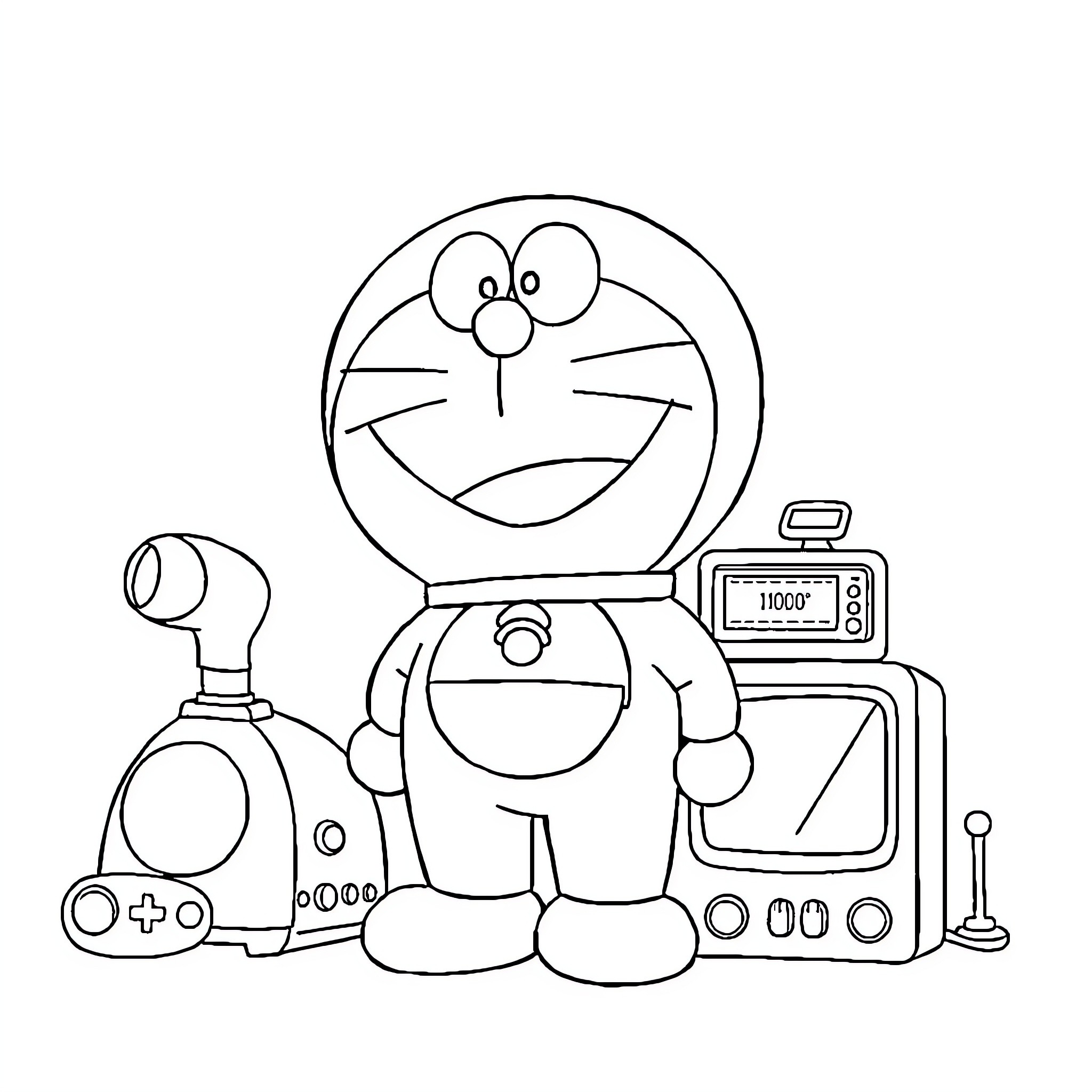 Doraemon surrounded by futuristic gadgets Coloring Page (free black-and-white line drawing printable PDF for all, from beginners to advanced learners, including children, teens, adults, and seniors)