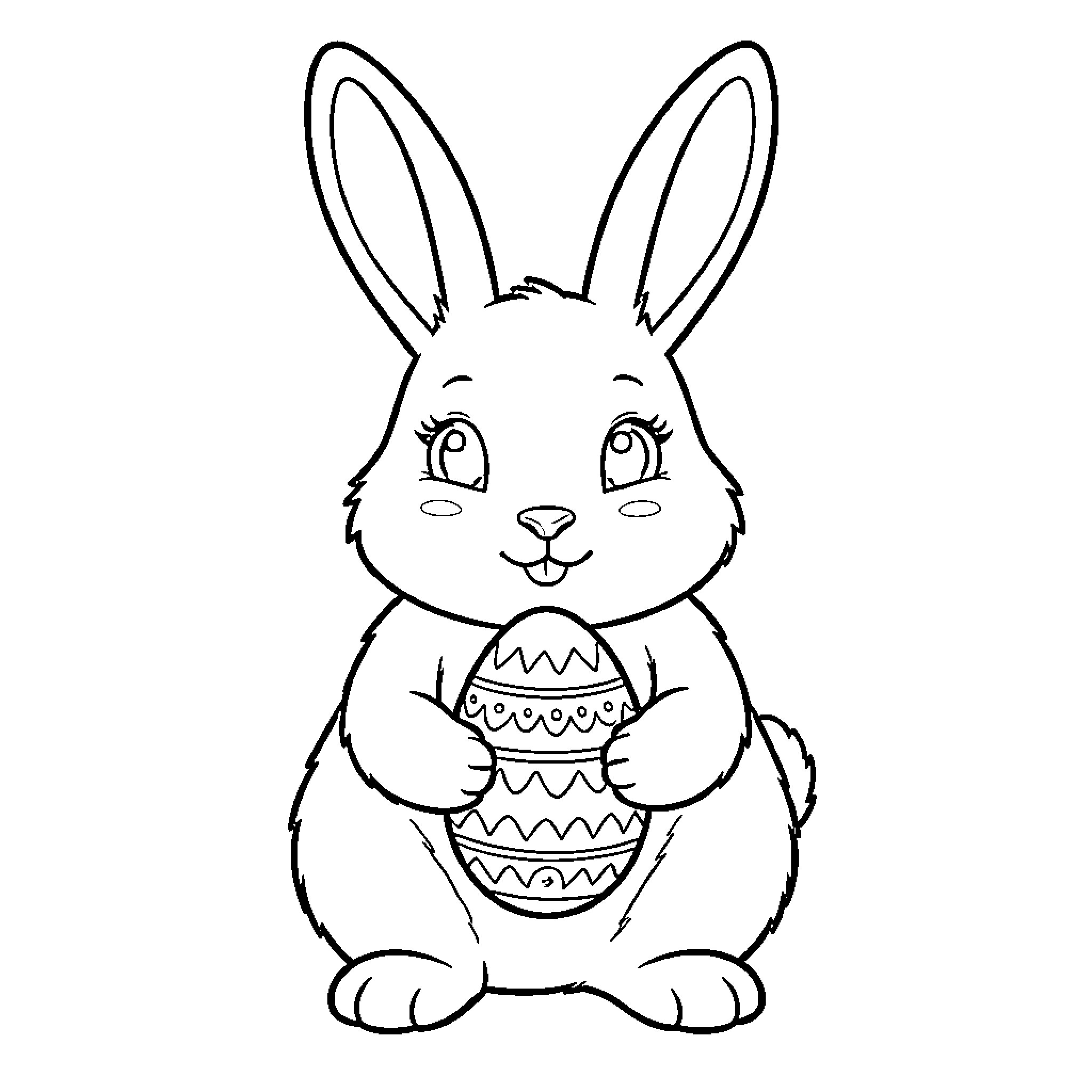 Easter Bunny holding decorated egg Coloring Page (free black-and-white line drawing printable PDF for all, from beginners to advanced learners, including children, teens, adults, and seniors)
