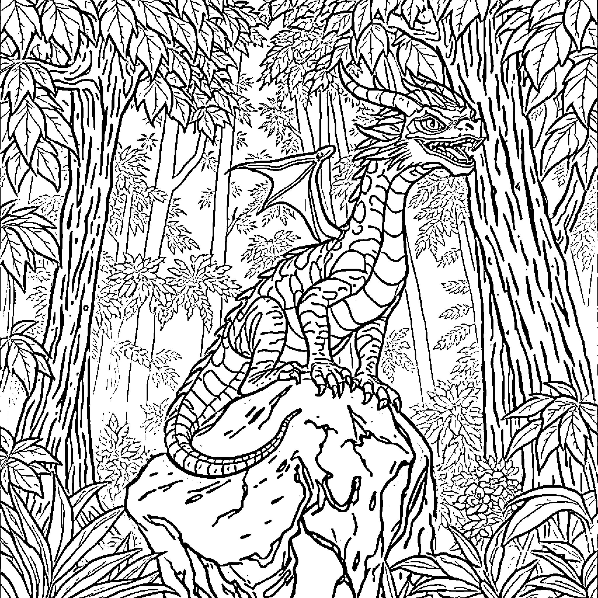 Dragon exploring the lush forest landscape Coloring Page (free black-and-white line drawing printable PDF for all, from beginners to advanced learners, including children, teens, adults, and seniors)