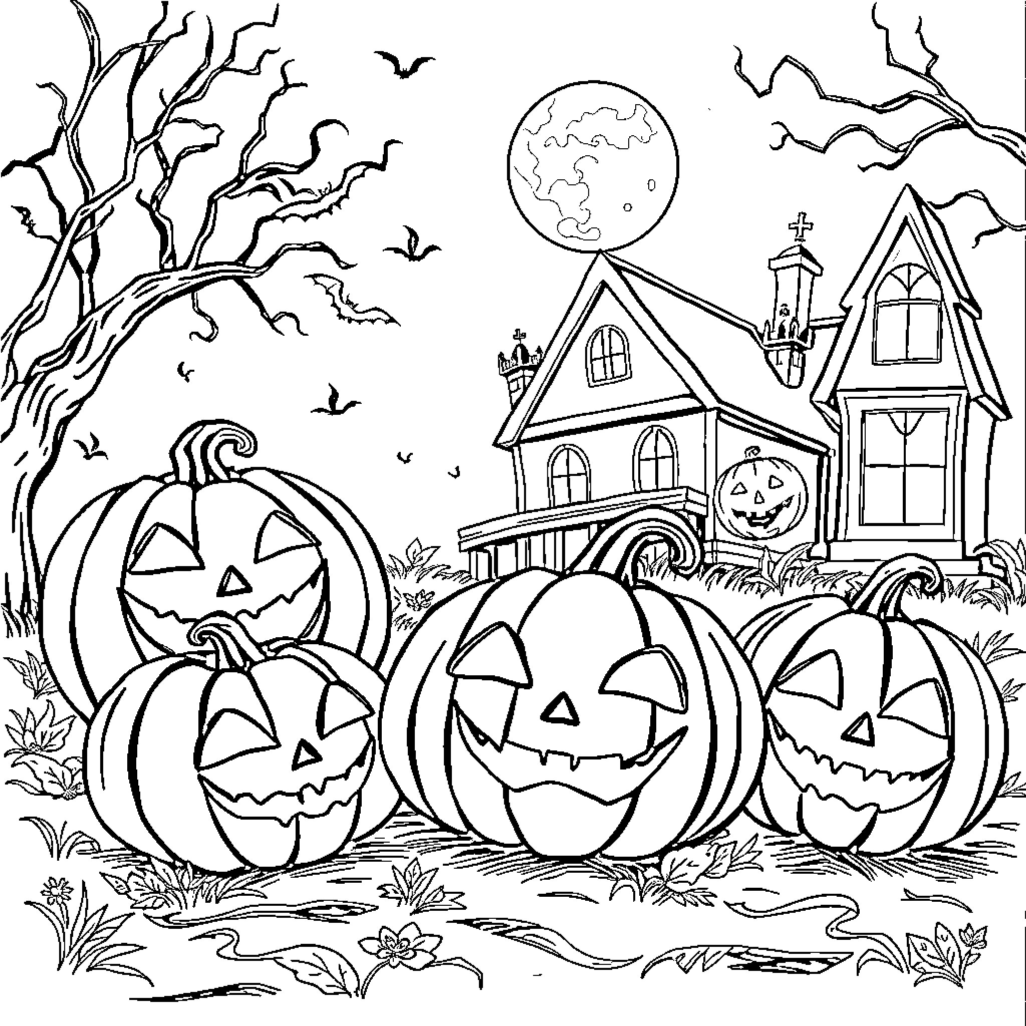Halloween scene with haunted house and jack-o'-lanterns Coloring Page (free black-and-white line drawing printable PDF for all, from beginners to advanced learners, including children, teens, adults, and seniors)