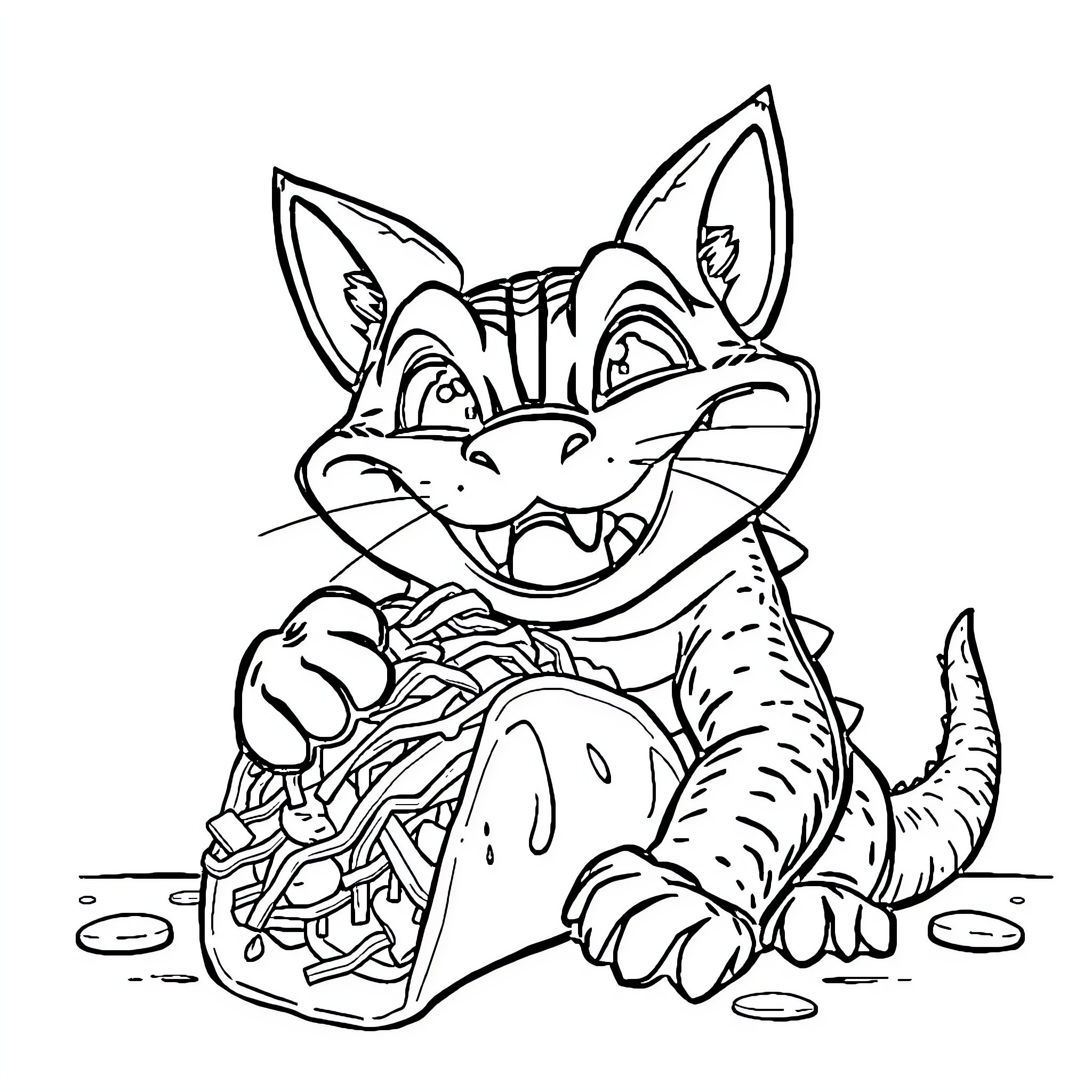 Crocodile Cat playing with food Coloring Page (free black-and-white line drawing printable PDF for all, from beginners to advanced learners, including children, teens, adults, and seniors)