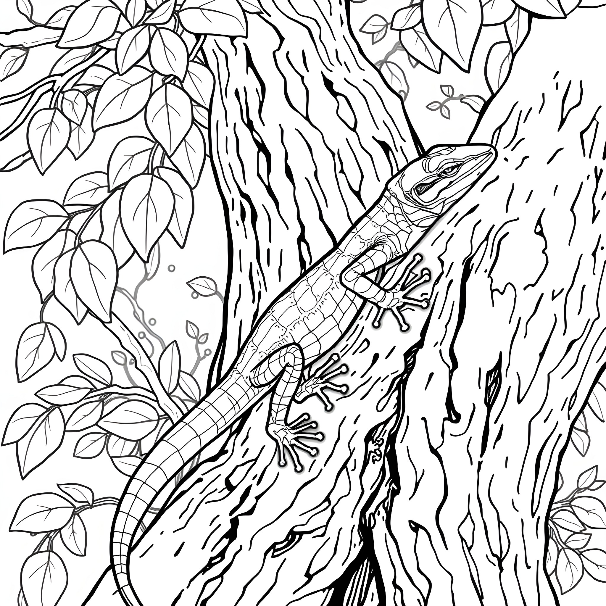Emerald Tree Skink exploring the forest Coloring Page (free black-and-white line drawing printable PDF for all, from beginners to advanced learners, including children, teens, adults, and seniors)