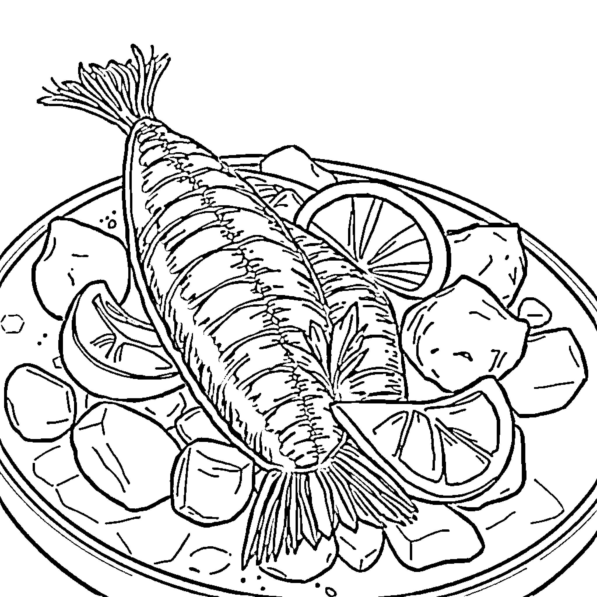 Oyster dish with garnishes on a plate Coloring Page (free black-and-white line drawing printable PDF for all, from beginners to advanced learners, including children, teens, adults, and seniors)