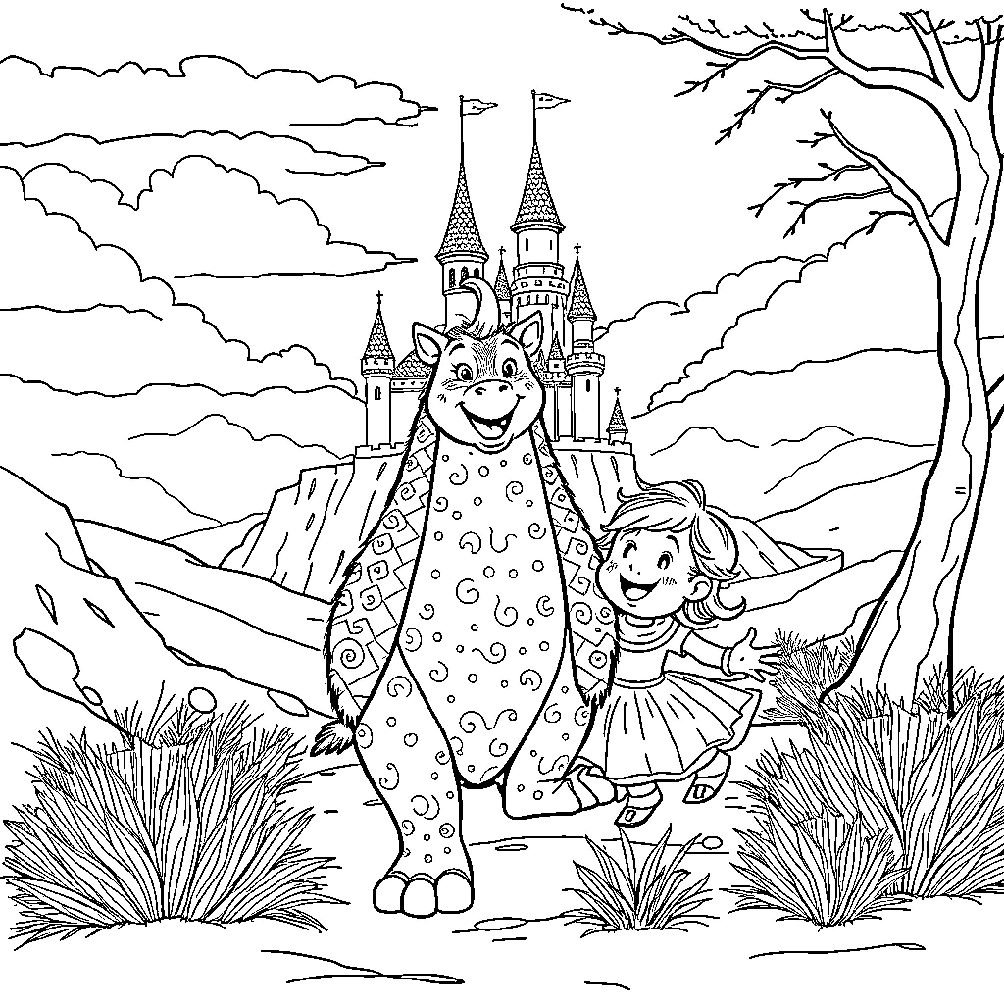 Kangaroo and girl exploring magical castle landscape Coloring Page (free black-and-white line drawing printable PDF for all, from beginners to advanced learners, including children, teens, adults, and seniors)