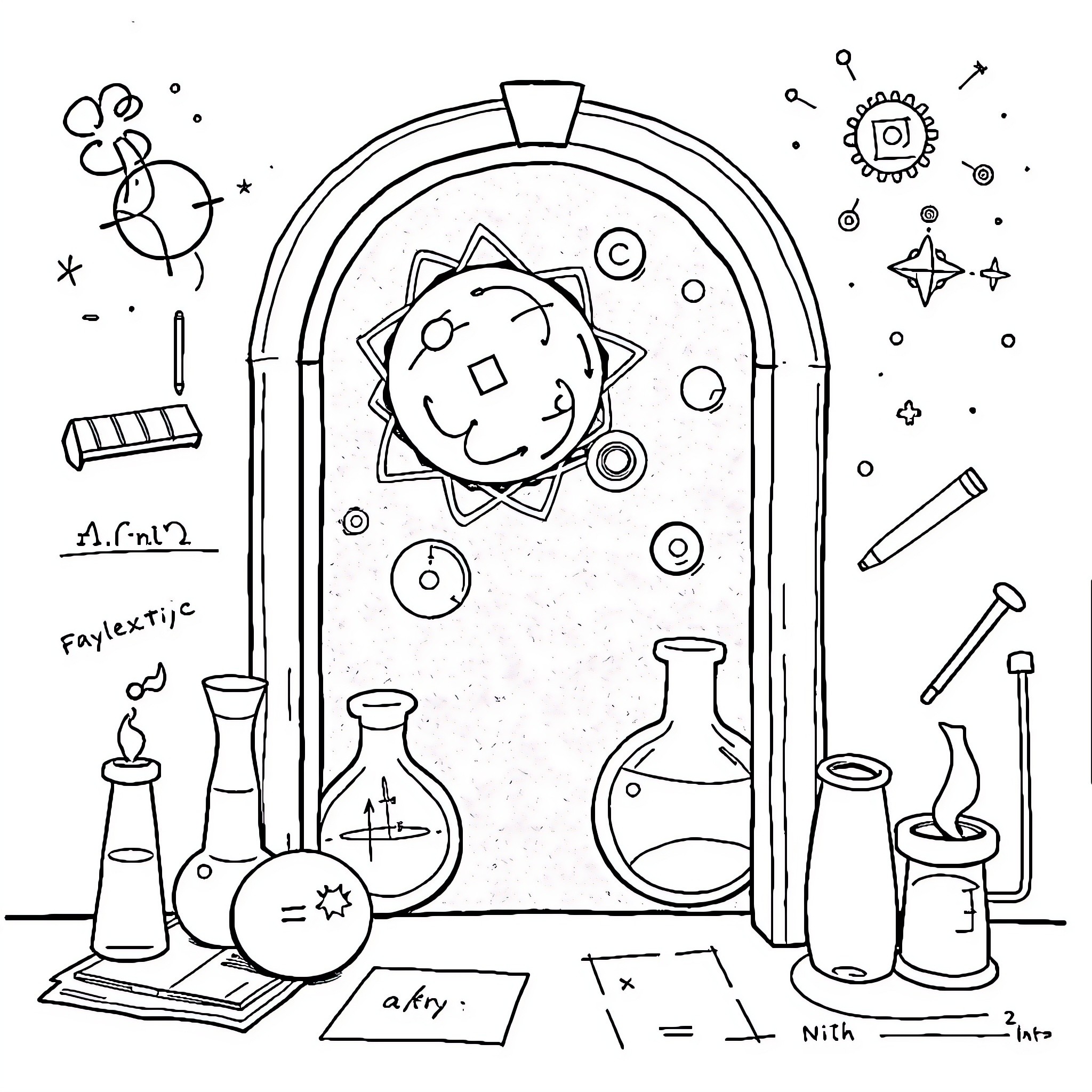 Physics Lab with Whimsical Elements Coloring Page (free black-and-white line drawing printable PDF for all, from beginners to advanced learners, including children, teens, adults, and seniors)