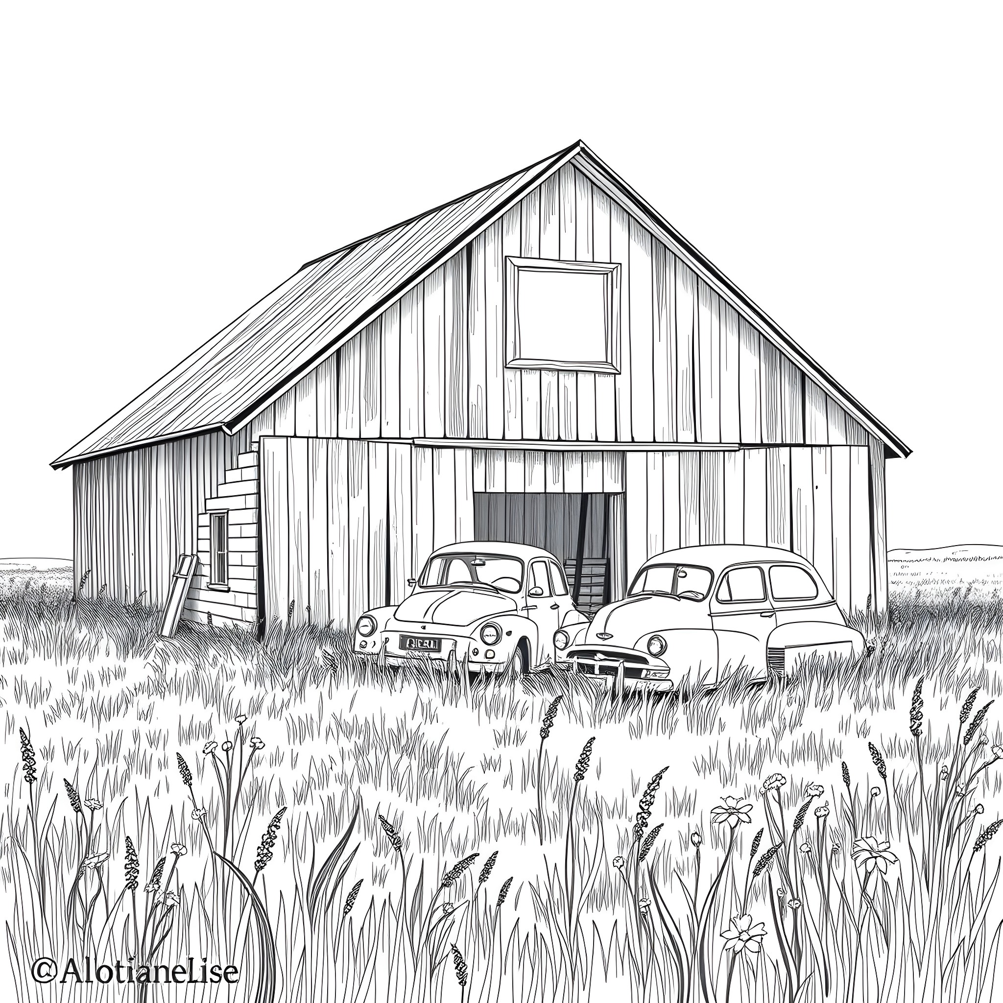 Barn Find with Vintage Cars and Rustic Building Coloring Page (free black-and-white line drawing printable PDF for all, from beginners to advanced learners, including children, teens, adults, and seniors)