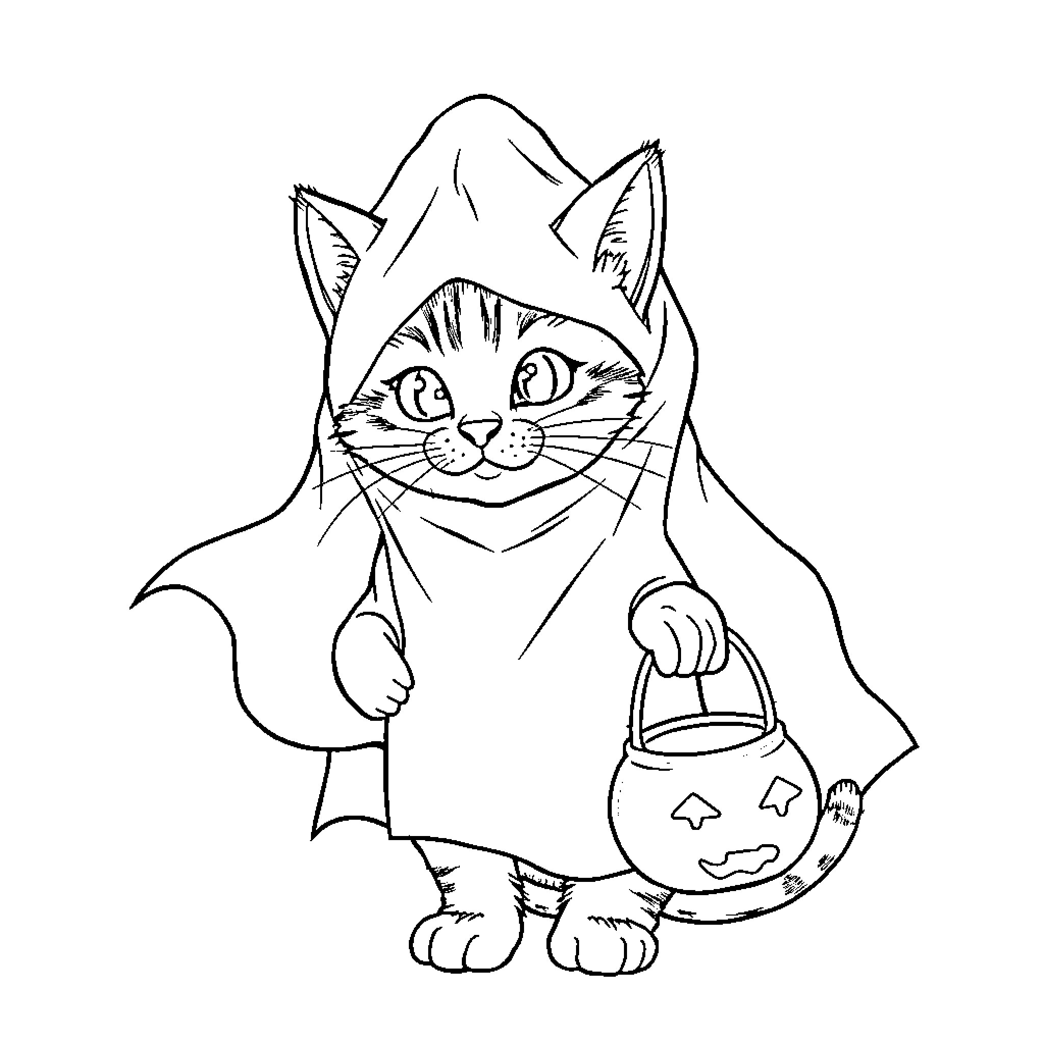 Cat in Halloween costume with candy bucket Coloring Page (free black-and-white line drawing printable PDF for all, from beginners to advanced learners, including children, teens, adults, and seniors)