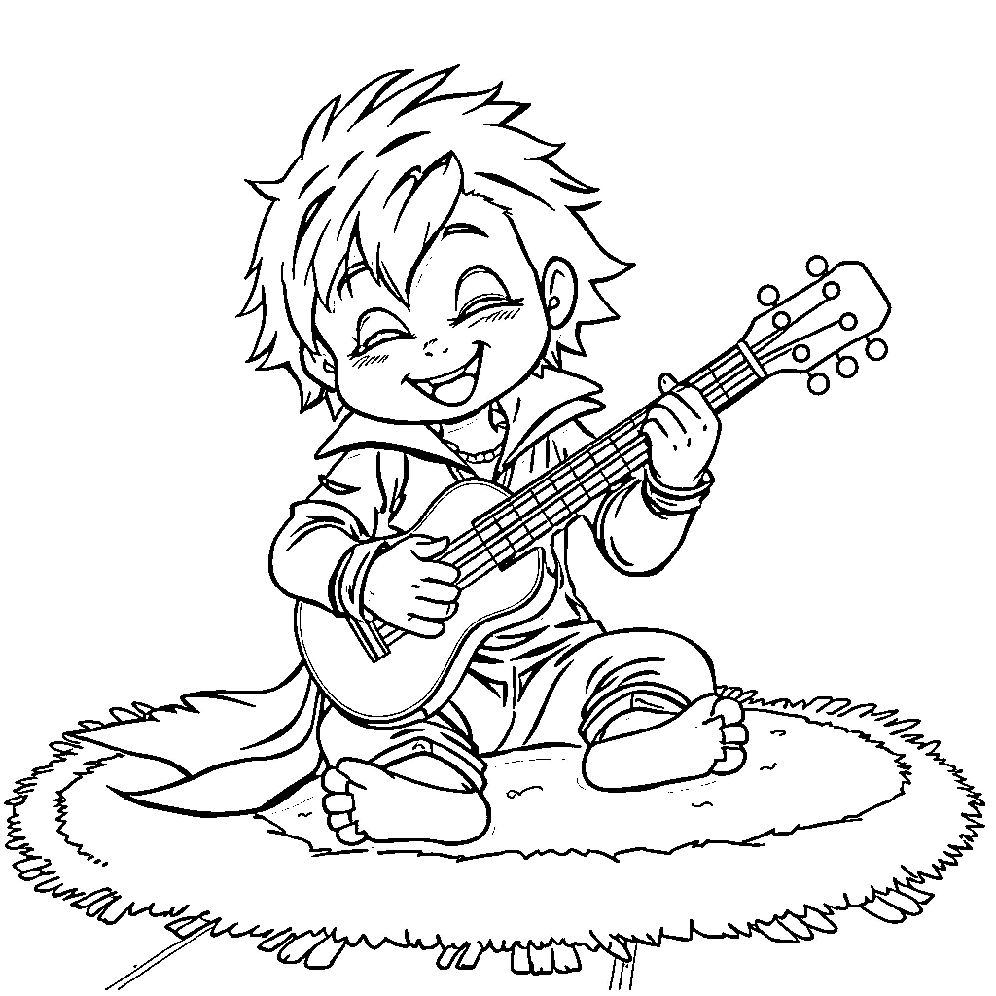 Eric Draven playing guitar joyfully Coloring Page (free black-and-white line drawing printable PDF for all, from beginners to advanced learners, including children, teens, adults, and seniors)