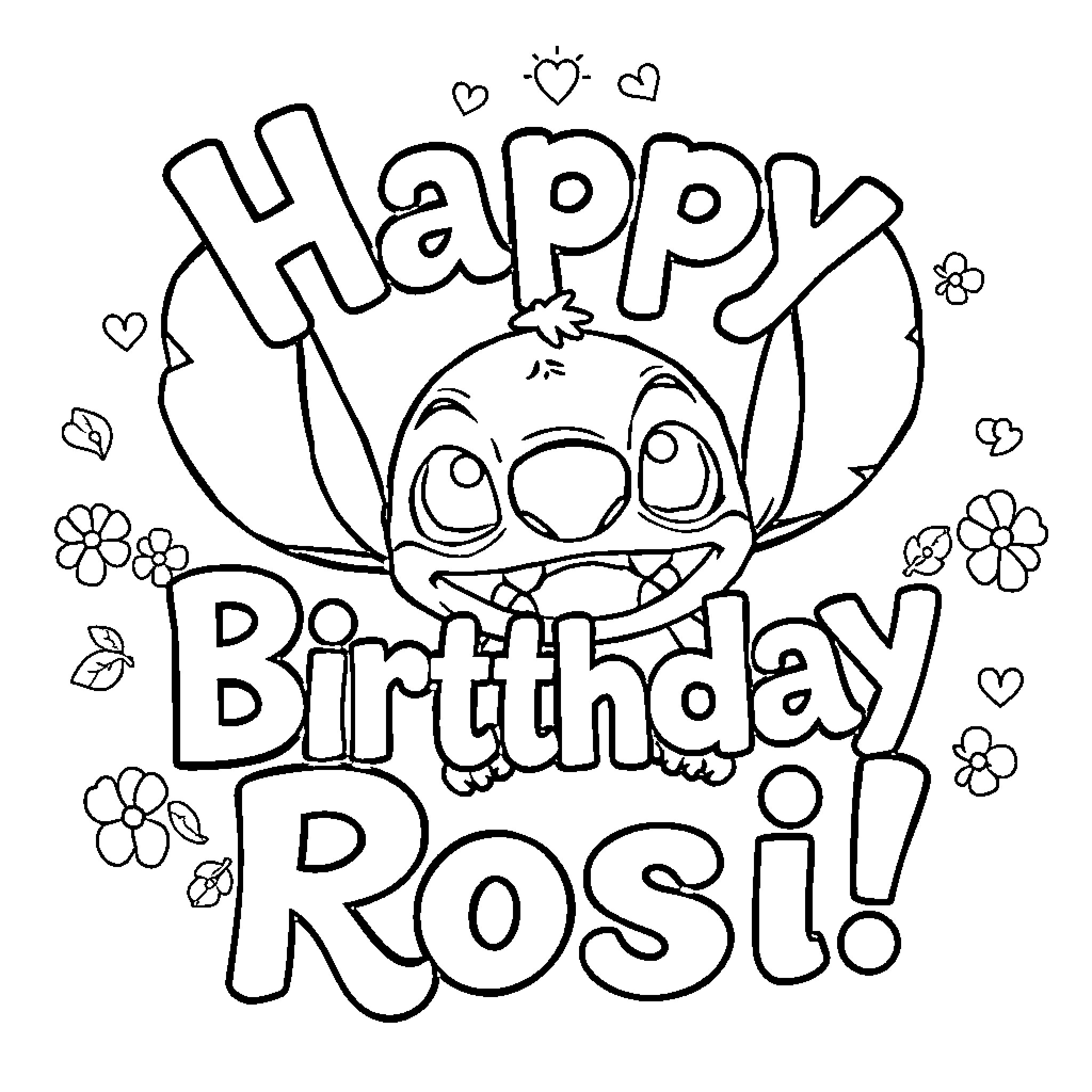 Lilo And Stitch Celebrating Happy Birthday Coloring Page (free black-and-white line drawing printable PDF for all, from beginners to advanced learners, including children, teens, adults, and seniors)