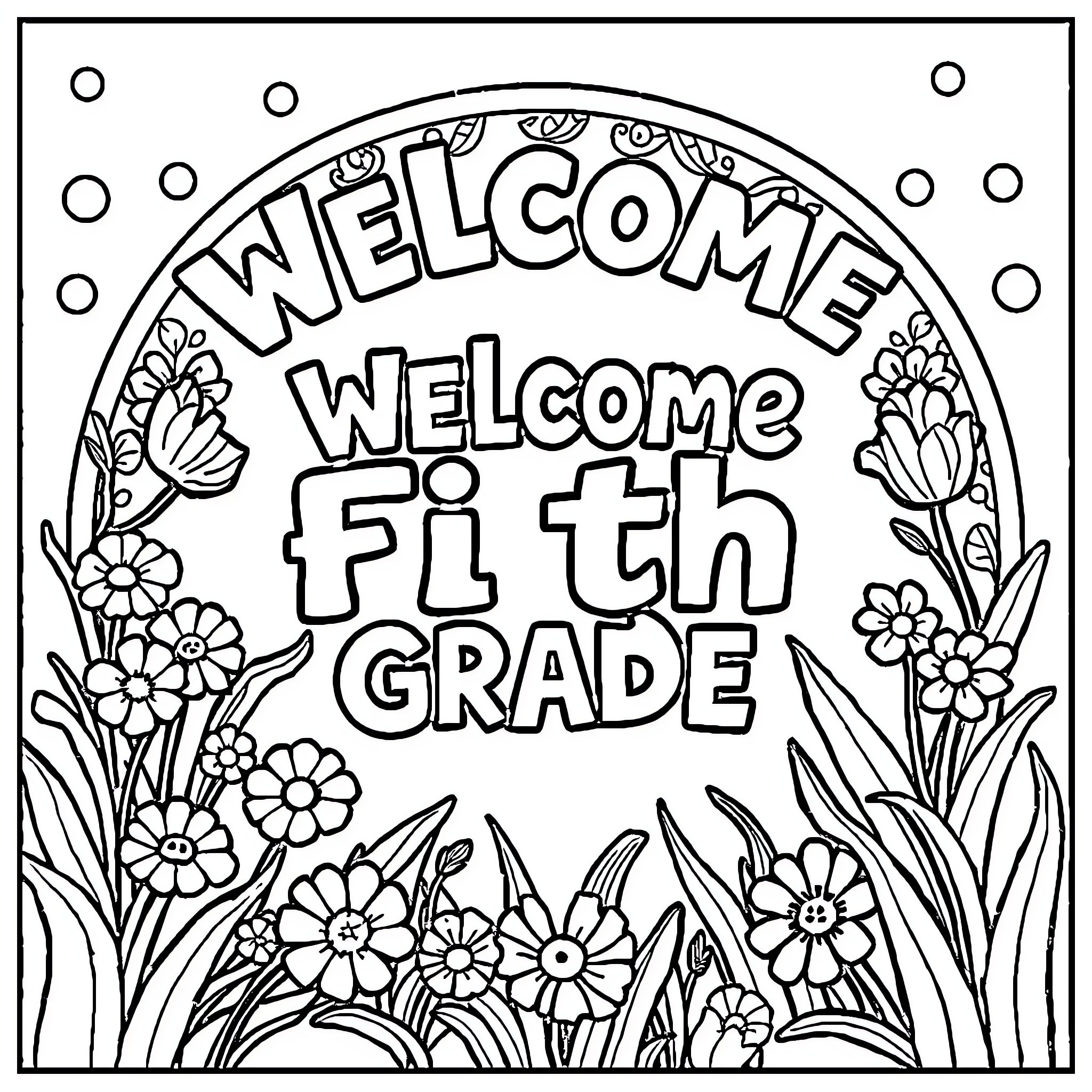 Fifth Grade Welcome Floral and Decorative Sign Coloring Page (free black-and-white line drawing printable PDF for all, from beginners to advanced learners, including children, teens, adults, and seniors)