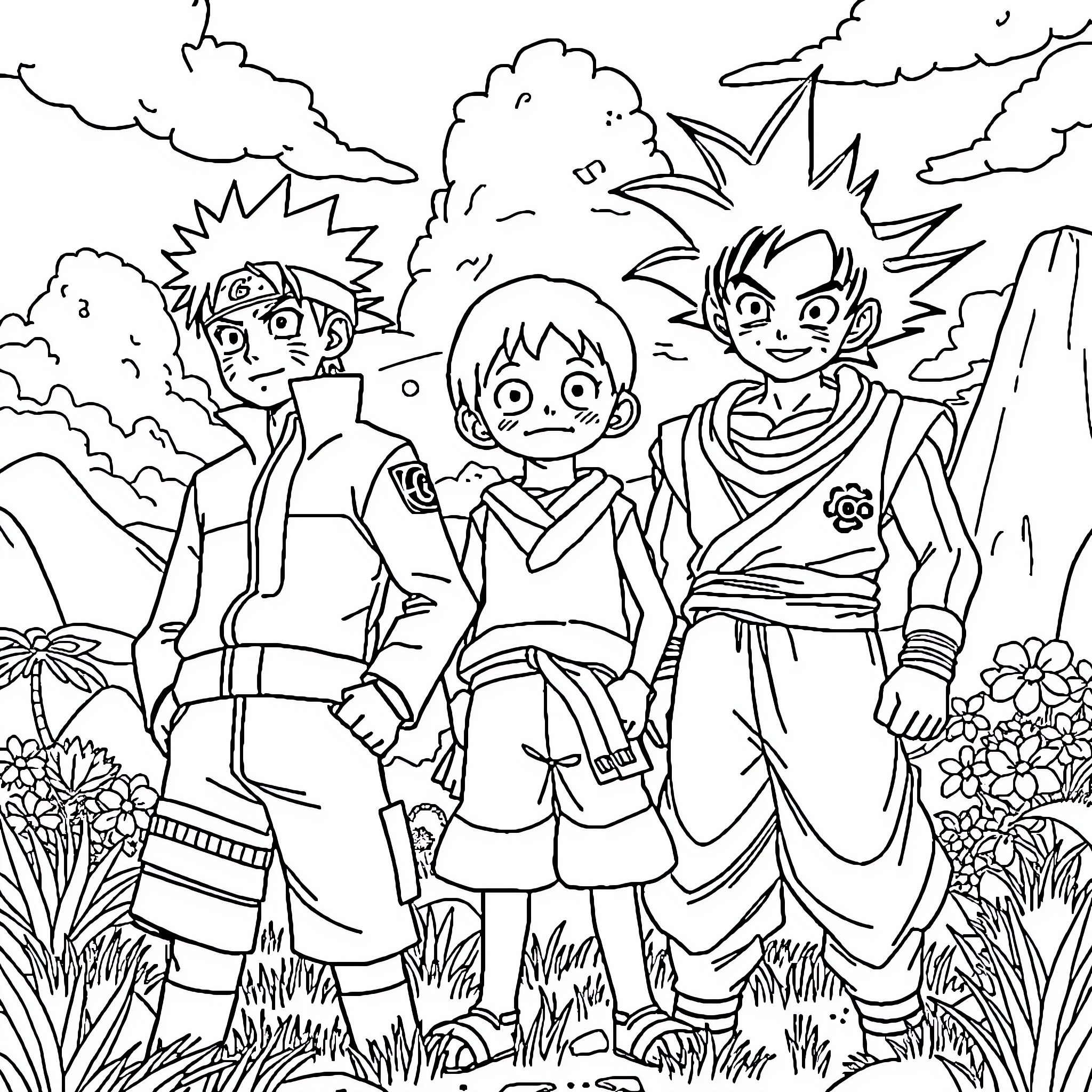 Naruto and Friends on an Adventure Coloring Page (free black-and-white line drawing printable PDF for all, from beginners to advanced learners, including children, teens, adults, and seniors)