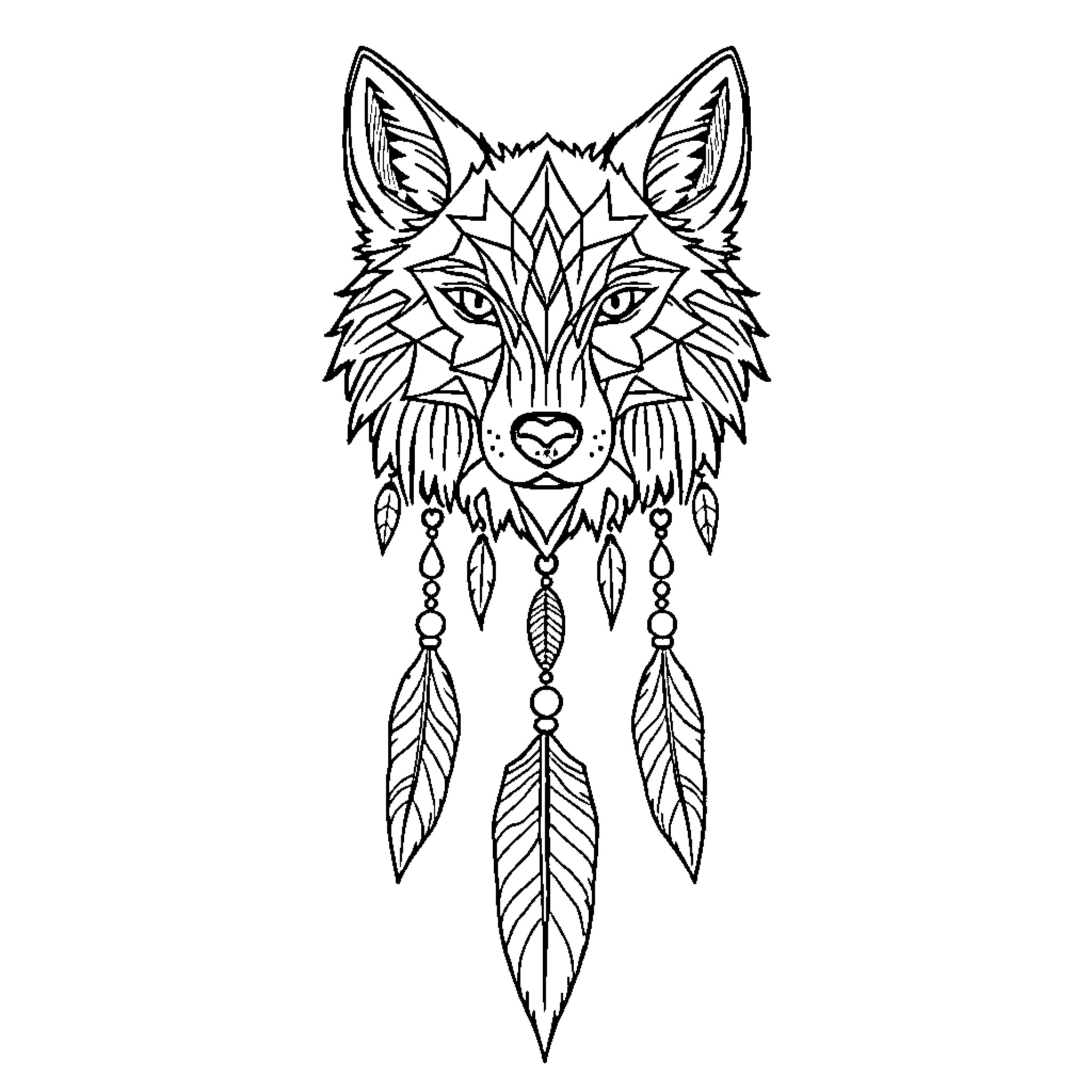 Wolf with Intricate Dreamcatcher Design Coloring Page (free black-and-white line drawing printable PDF for all, from beginners to advanced learners, including children, teens, adults, and seniors)
