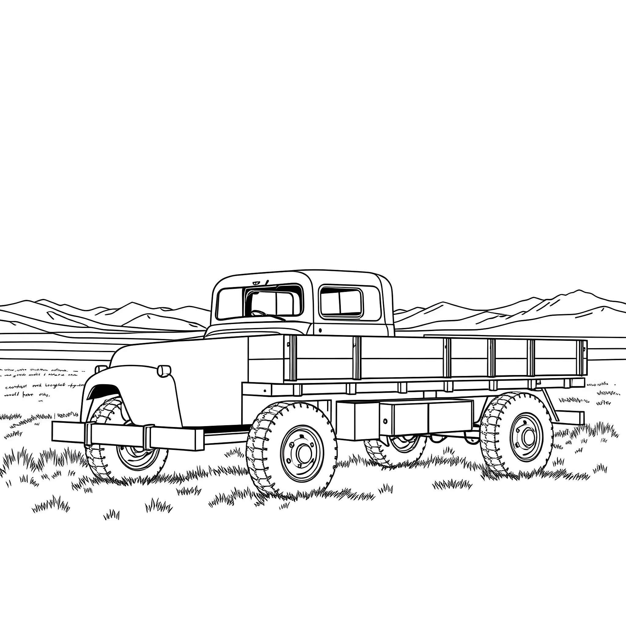 Truck traversing rugged mountain terrain Coloring Page (free black-and-white line drawing printable PDF for all, from beginners to advanced learners, including children, teens, adults, and seniors)