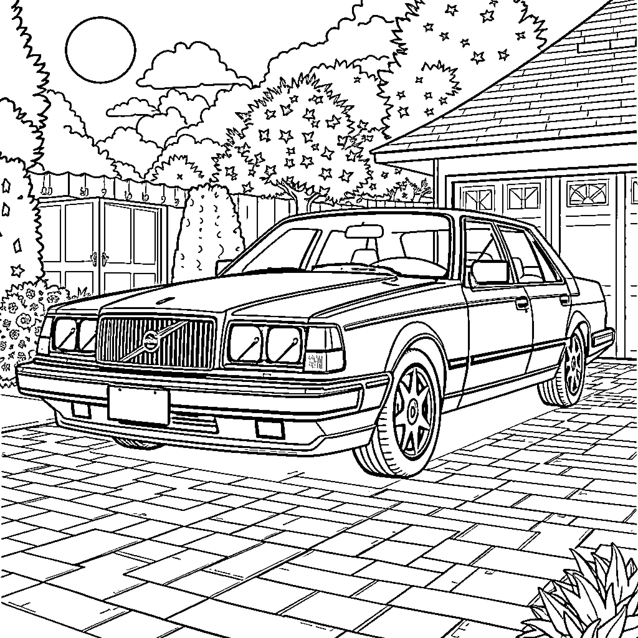 Volvo sedan parked in a scenic neighborhood Coloring Page (free black-and-white line drawing printable PDF for all, from beginners to advanced learners, including children, teens, adults, and seniors)