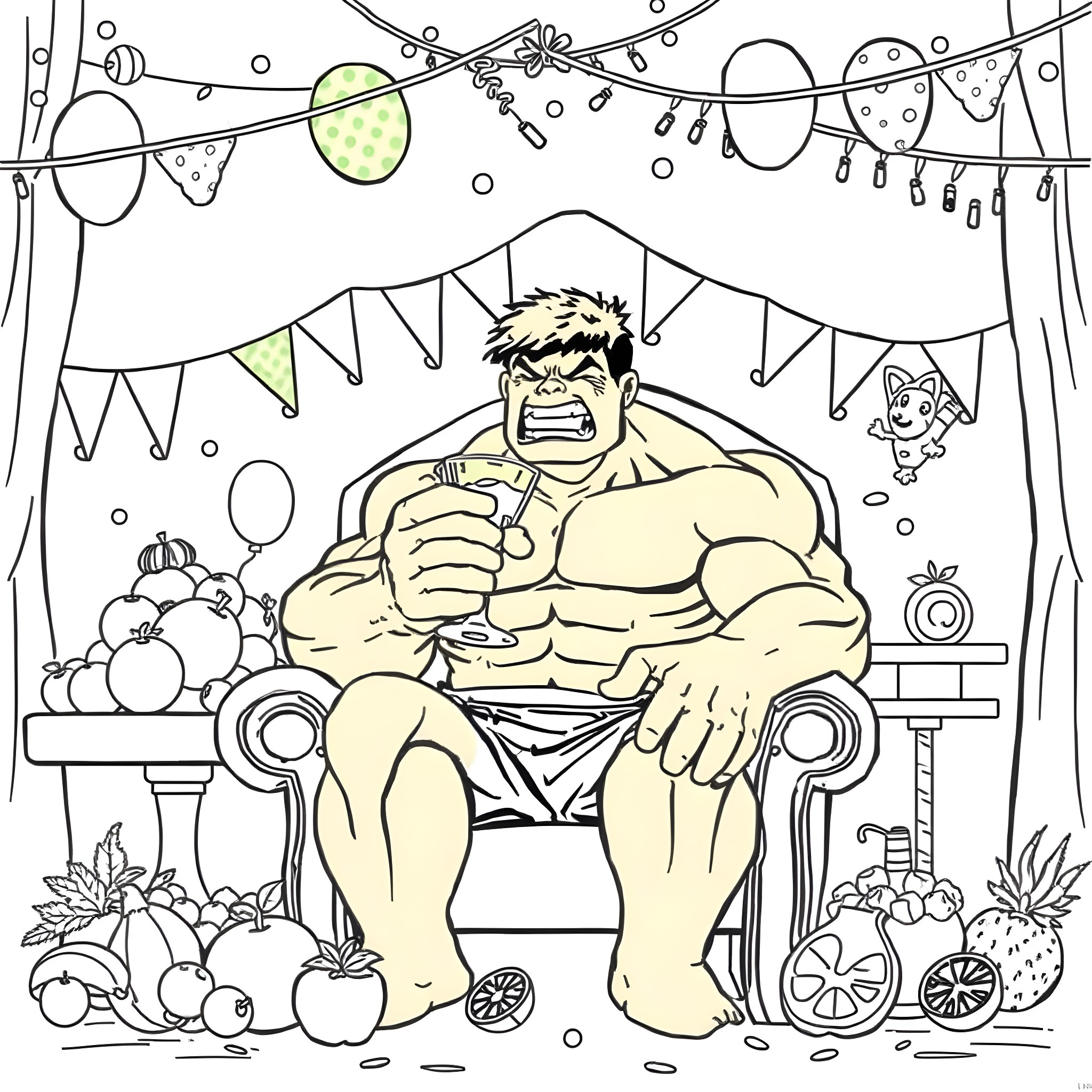 Hulk Relaxing at a Festive Party Coloring Page (free black-and-white line drawing printable PDF for all, from beginners to advanced learners, including children, teens, adults, and seniors)