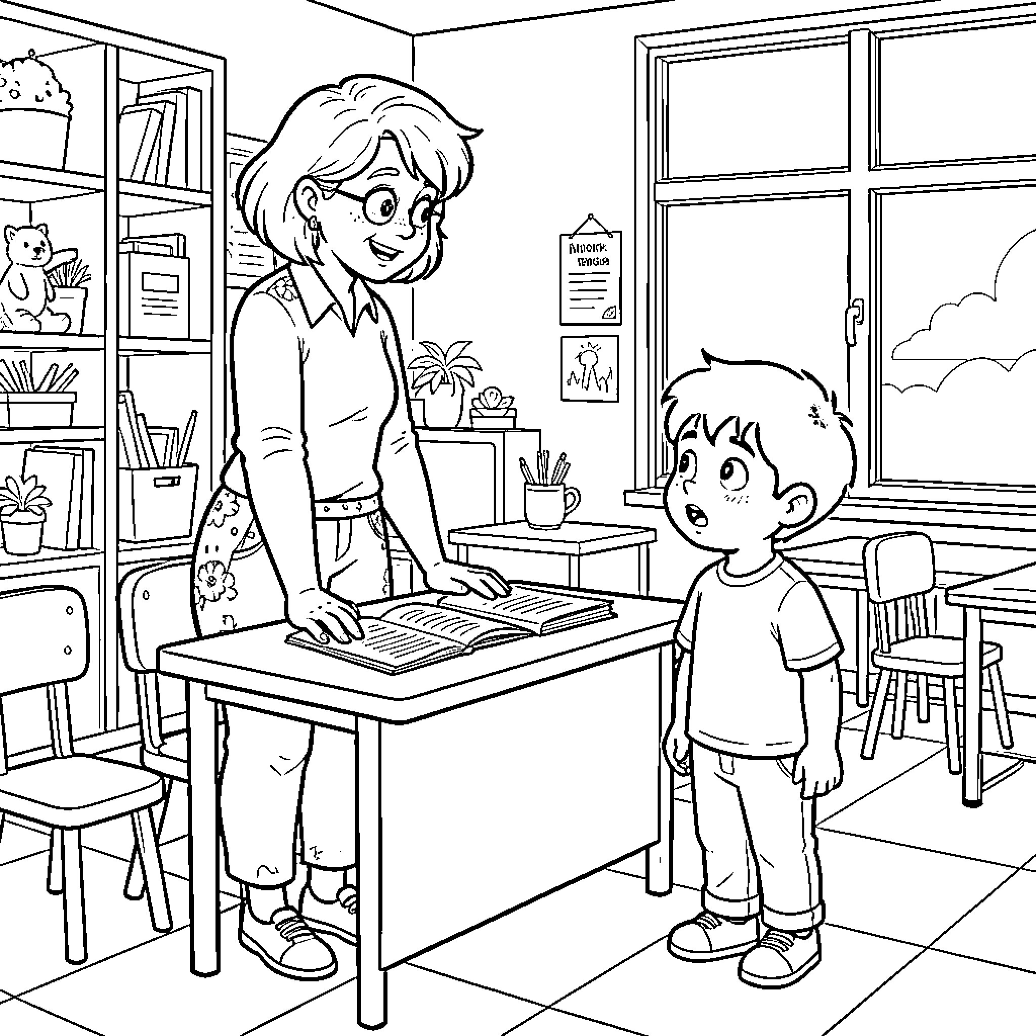 Teacher guiding student in the classroom Coloring Page (free black-and-white line drawing printable PDF for all, from beginners to advanced learners, including children, teens, adults, and seniors)