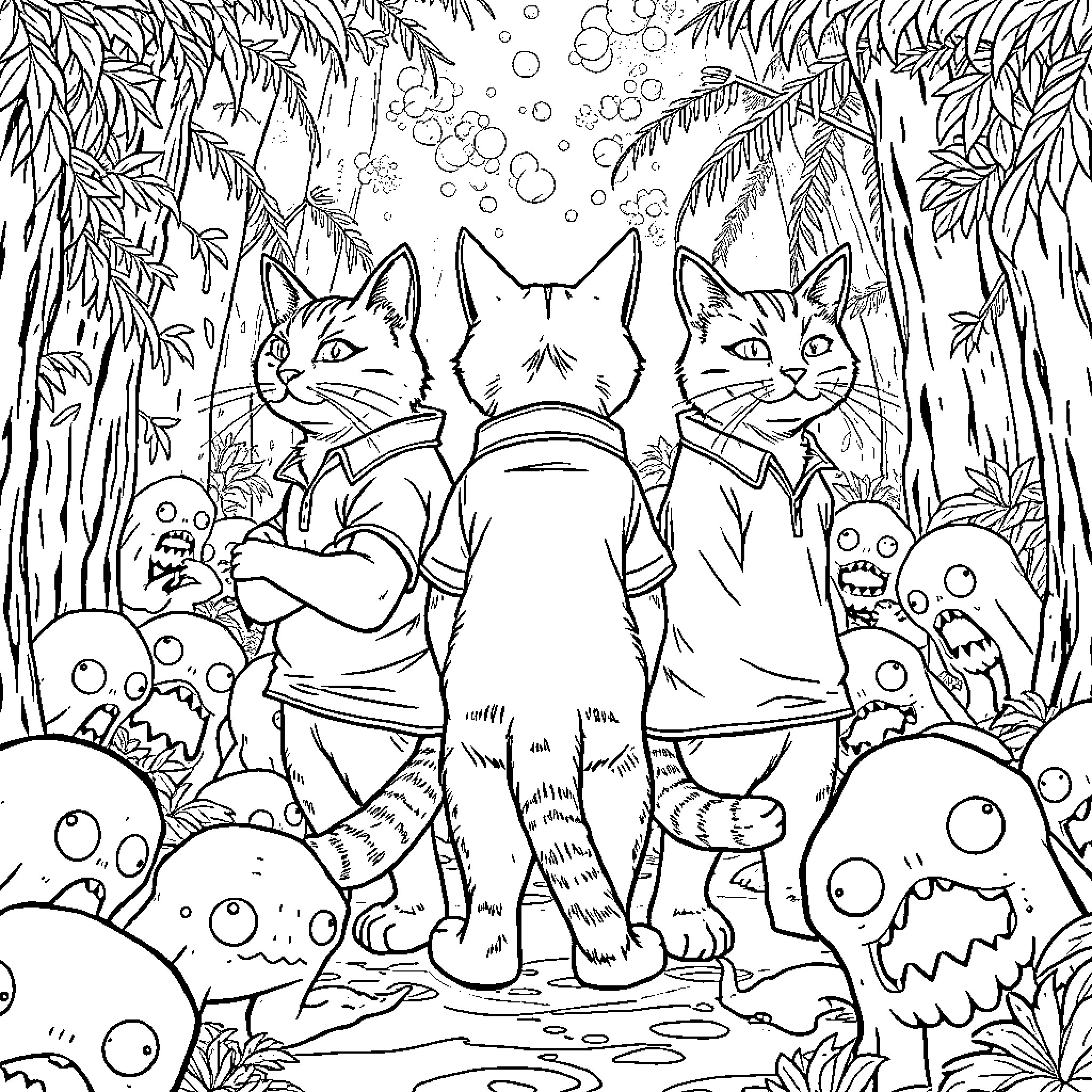 Cat Trio on a Jungle Adventure Coloring Page (free black-and-white line drawing printable PDF for all, from beginners to advanced learners, including children, teens, adults, and seniors)