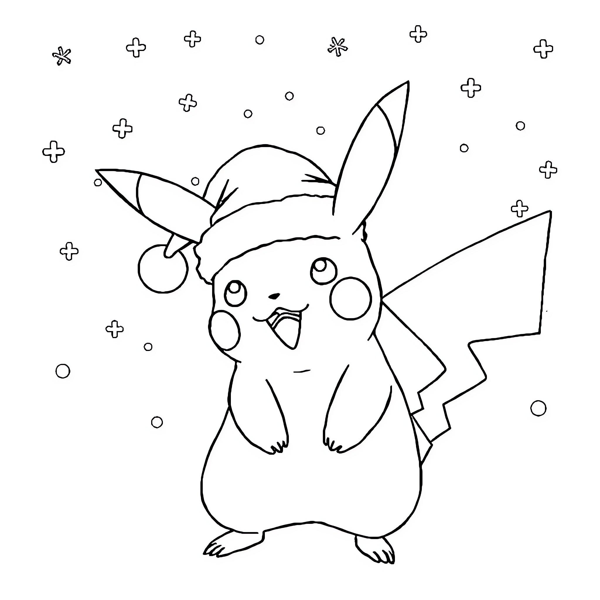 Pikachu posing playfully in winter wonderland Coloring Page (free black-and-white line drawing printable PDF for all, from beginners to advanced learners, including children, teens, adults, and seniors)