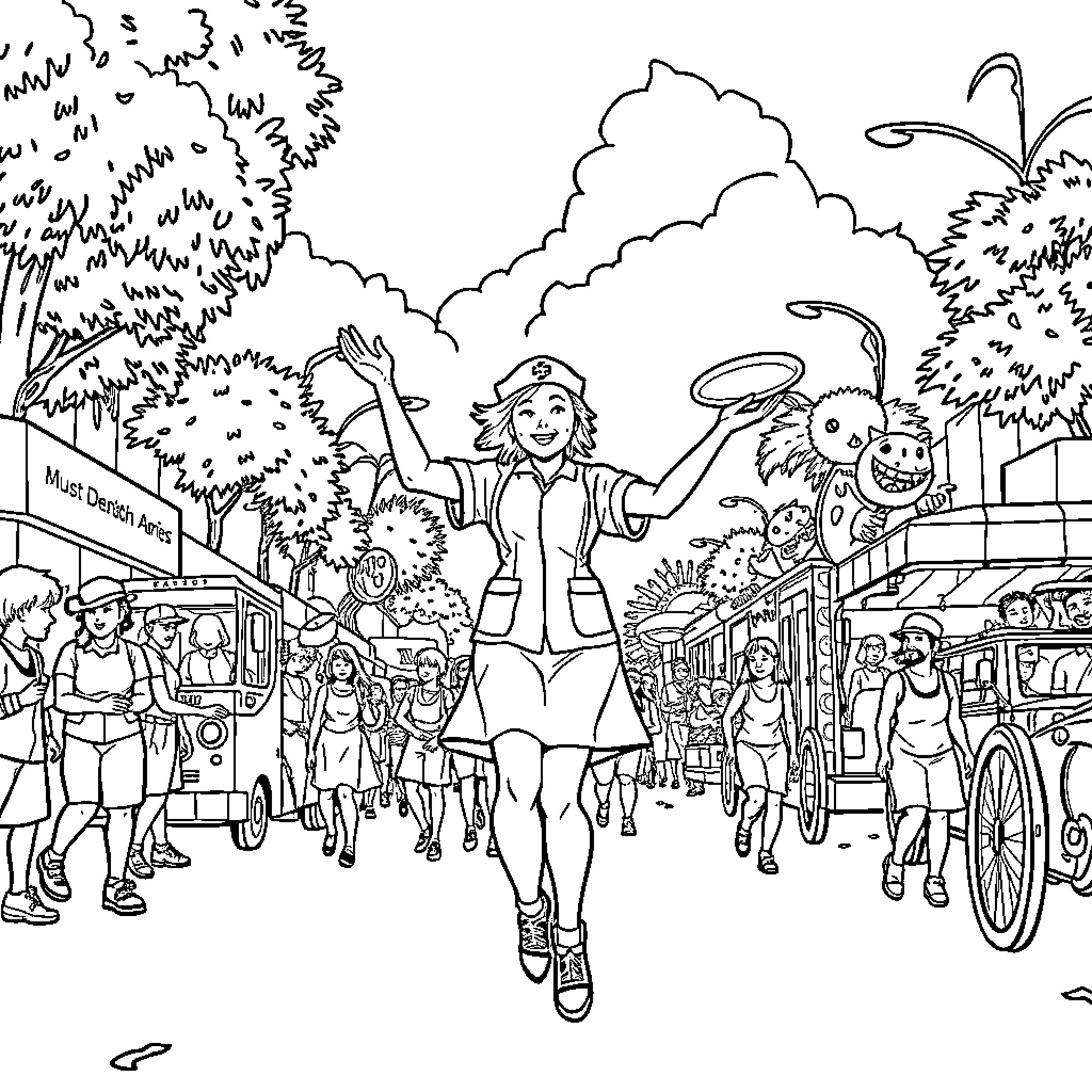 Nurse Assisting Patients in a Busy Street Coloring Page (free black-and-white line drawing printable PDF for all, from beginners to advanced learners, including children, teens, adults, and seniors)