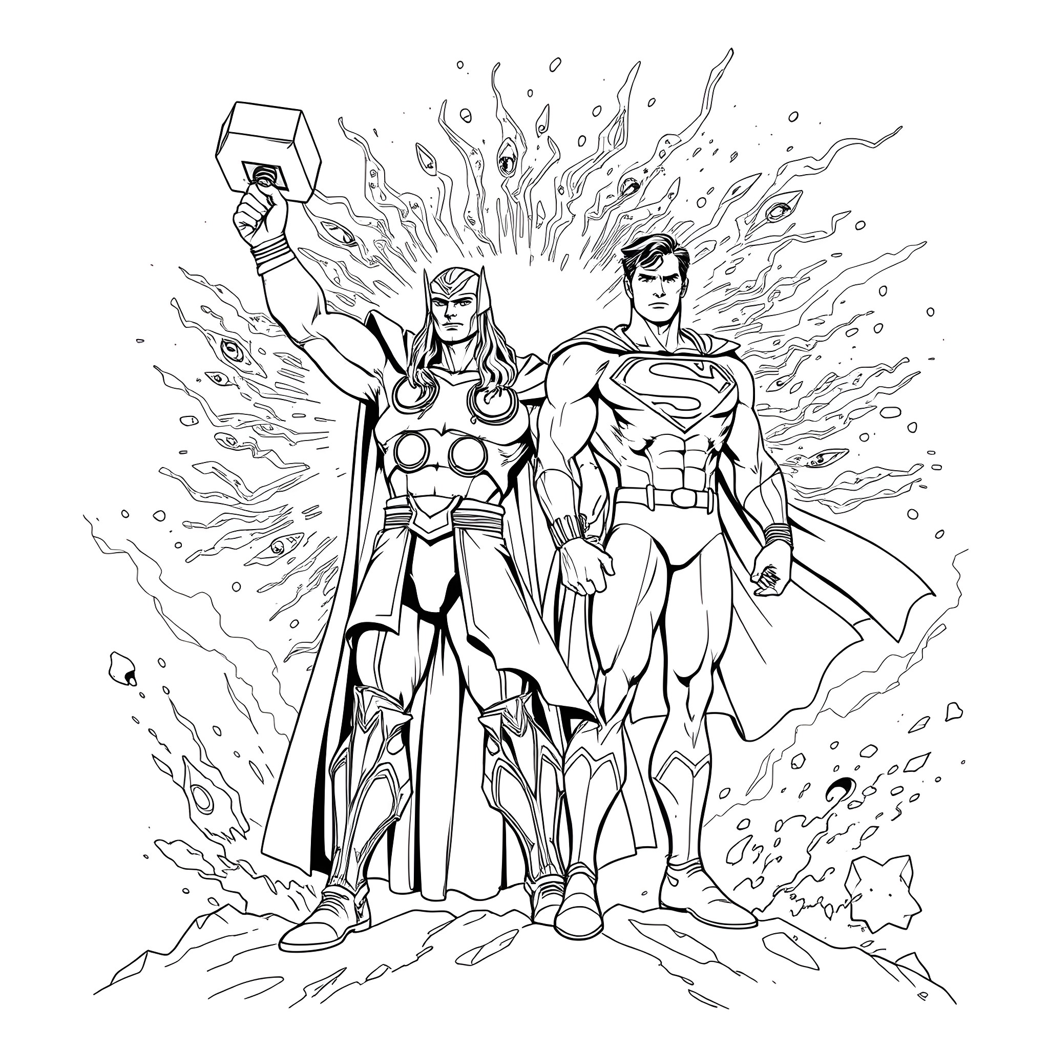 Thor and Superman in an Epic Battle Coloring Page (free black-and-white line drawing printable PDF for all, from beginners to advanced learners, including children, teens, adults, and seniors)
