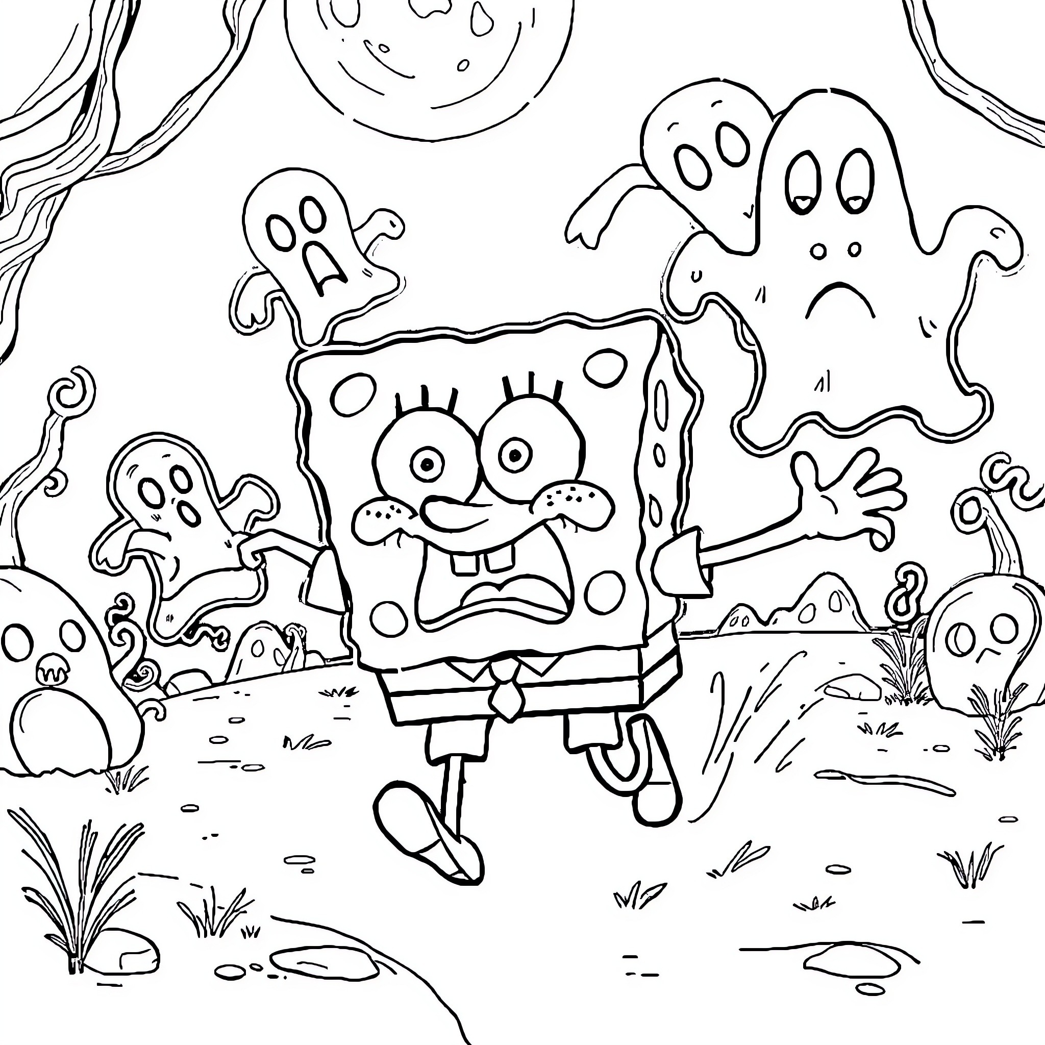 Spongebob and friends in a spooky, whimsical scene Coloring Page (free black-and-white line drawing printable PDF for all, from beginners to advanced learners, including children, teens, adults, and seniors)