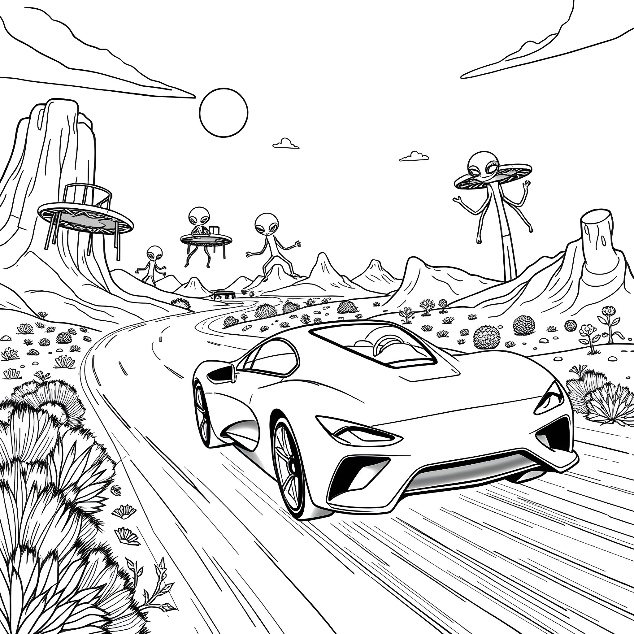 Car racing through an alien landscape Coloring Page (free black-and-white line drawing printable PDF for all, from beginners to advanced learners, including children, teens, adults, and seniors)