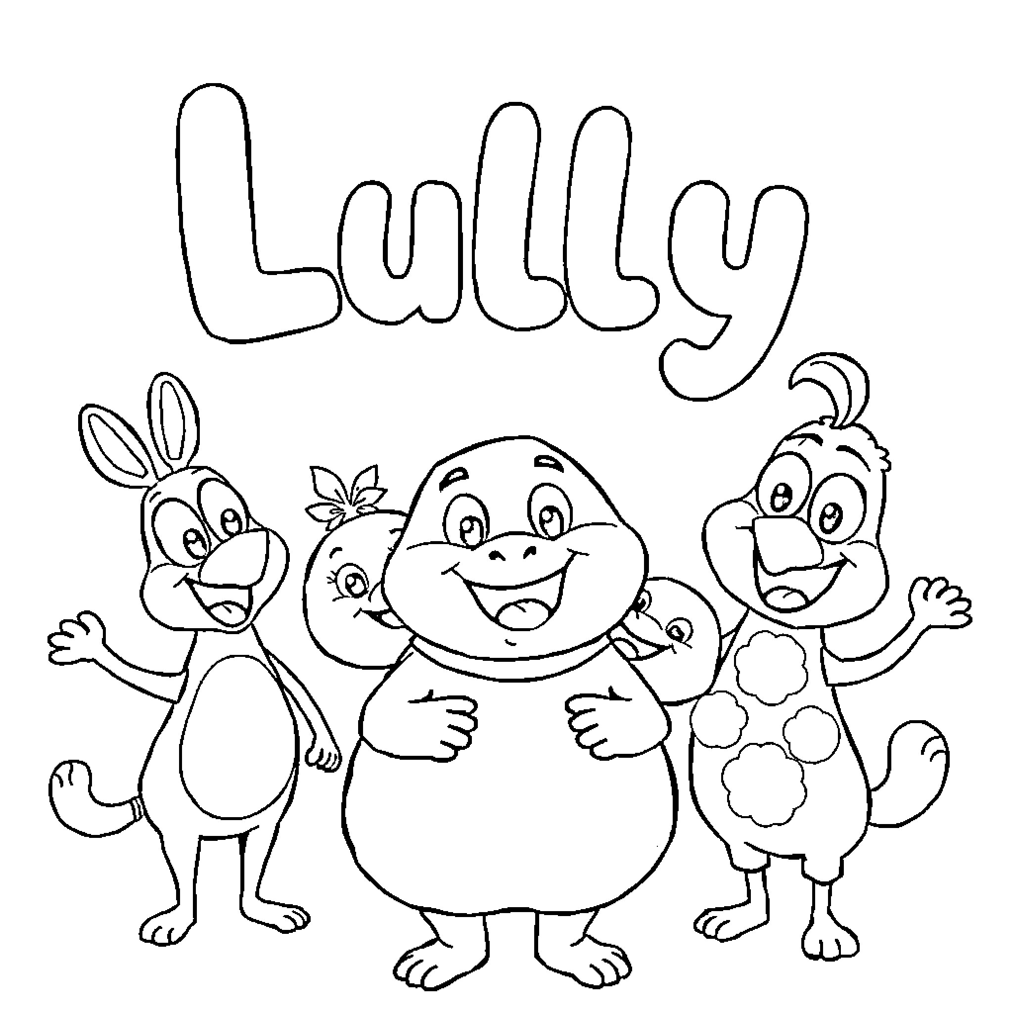 Lully - Playful Cartoon Characters Coloring Page (free black-and-white line drawing printable PDF for all, from beginners to advanced learners, including children, teens, adults, and seniors)