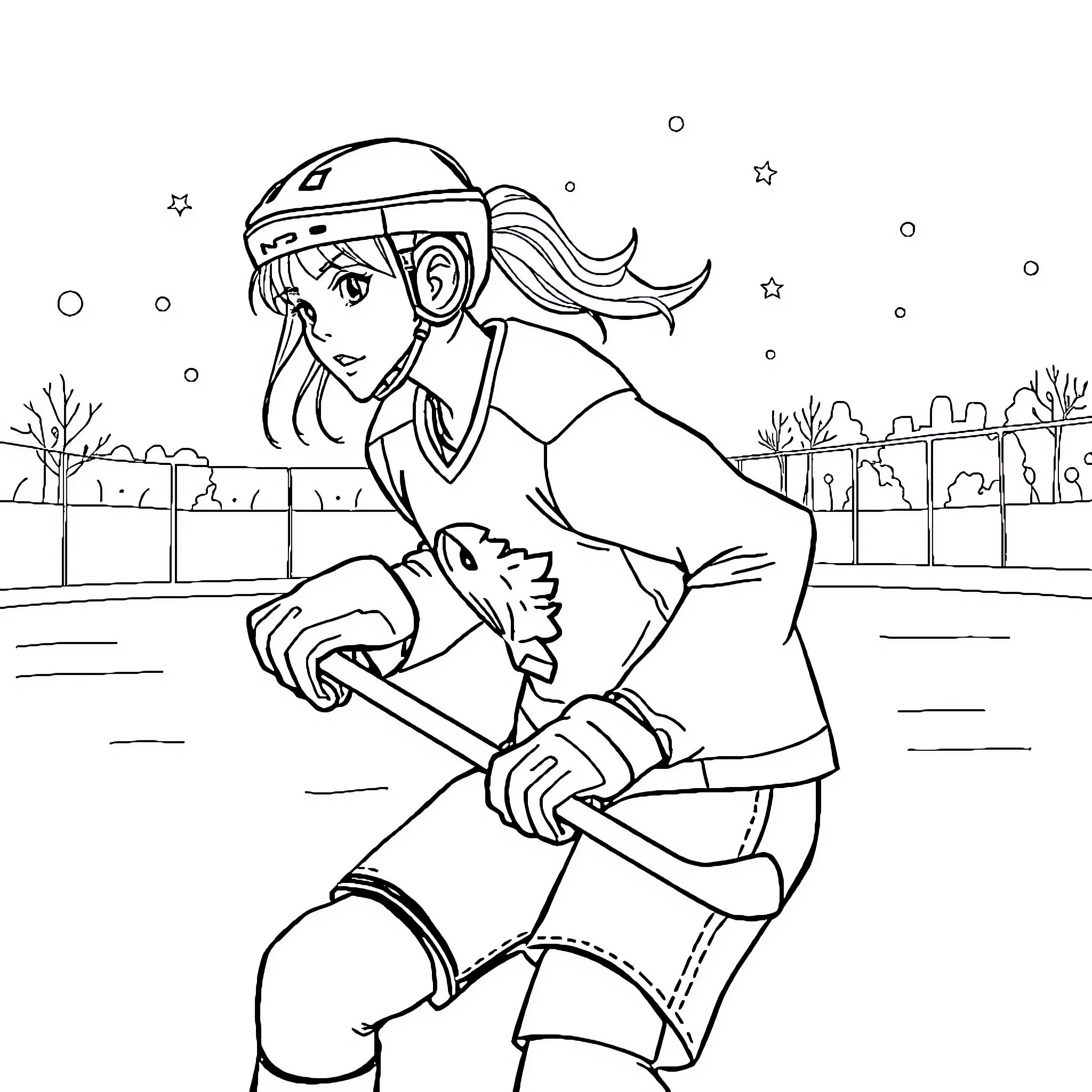 Girl Skating Gracefully on the Ice Rink Coloring Page (free black-and-white line drawing printable PDF for all, from beginners to advanced learners, including children, teens, adults, and seniors)