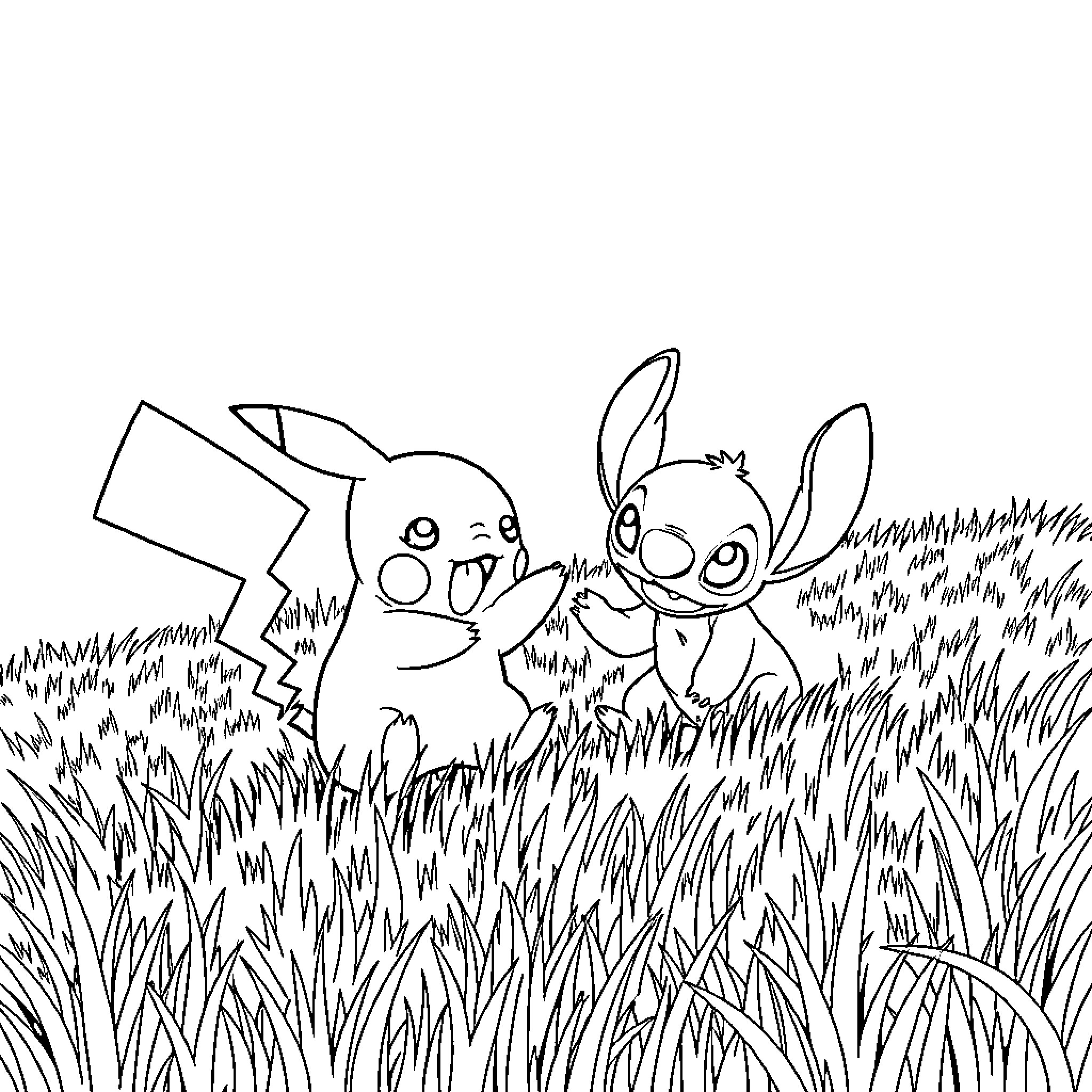 Pikachu and Stitch playing in the grass Coloring Page (free black-and-white line drawing printable PDF for all, from beginners to advanced learners, including children, teens, adults, and seniors)