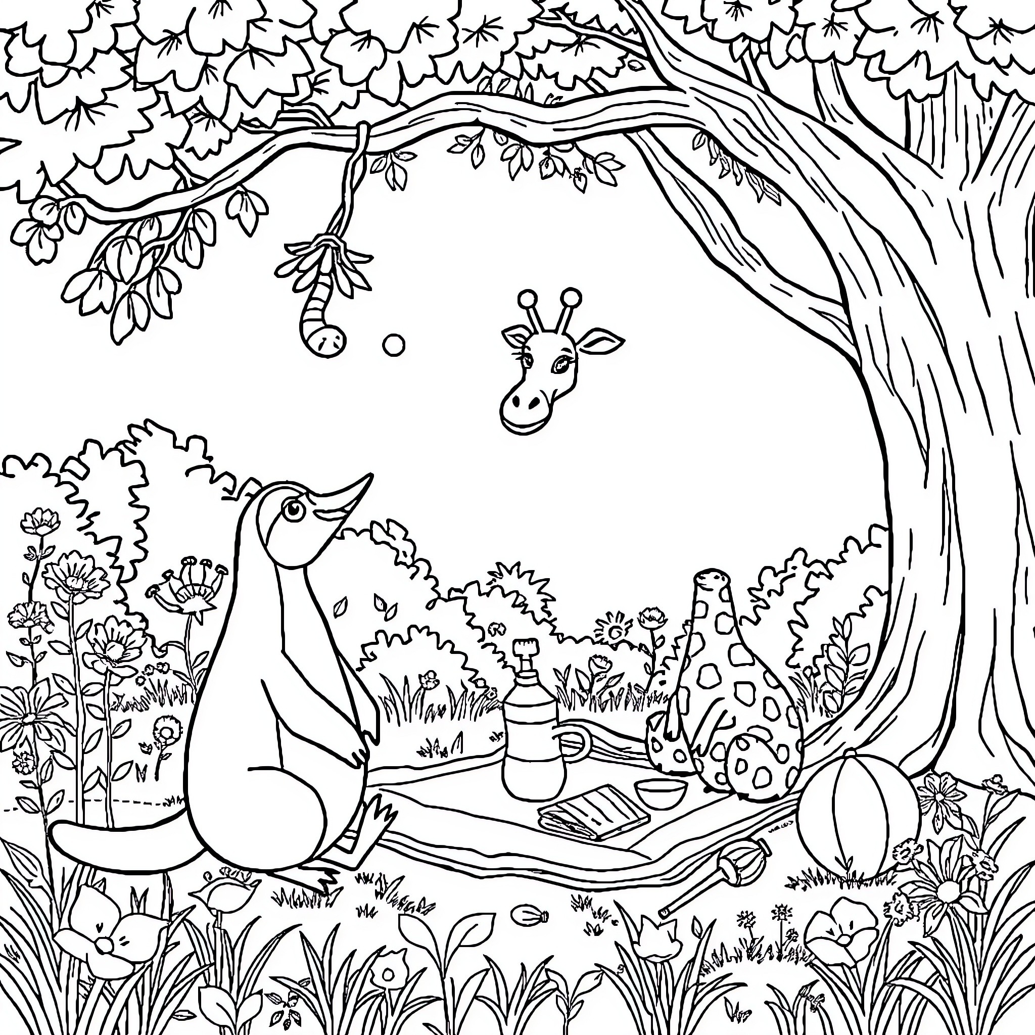 Penguin enjoying picnic in the forest with animals Coloring Page (free black-and-white line drawing printable PDF for all, from beginners to advanced learners, including children, teens, adults, and seniors)