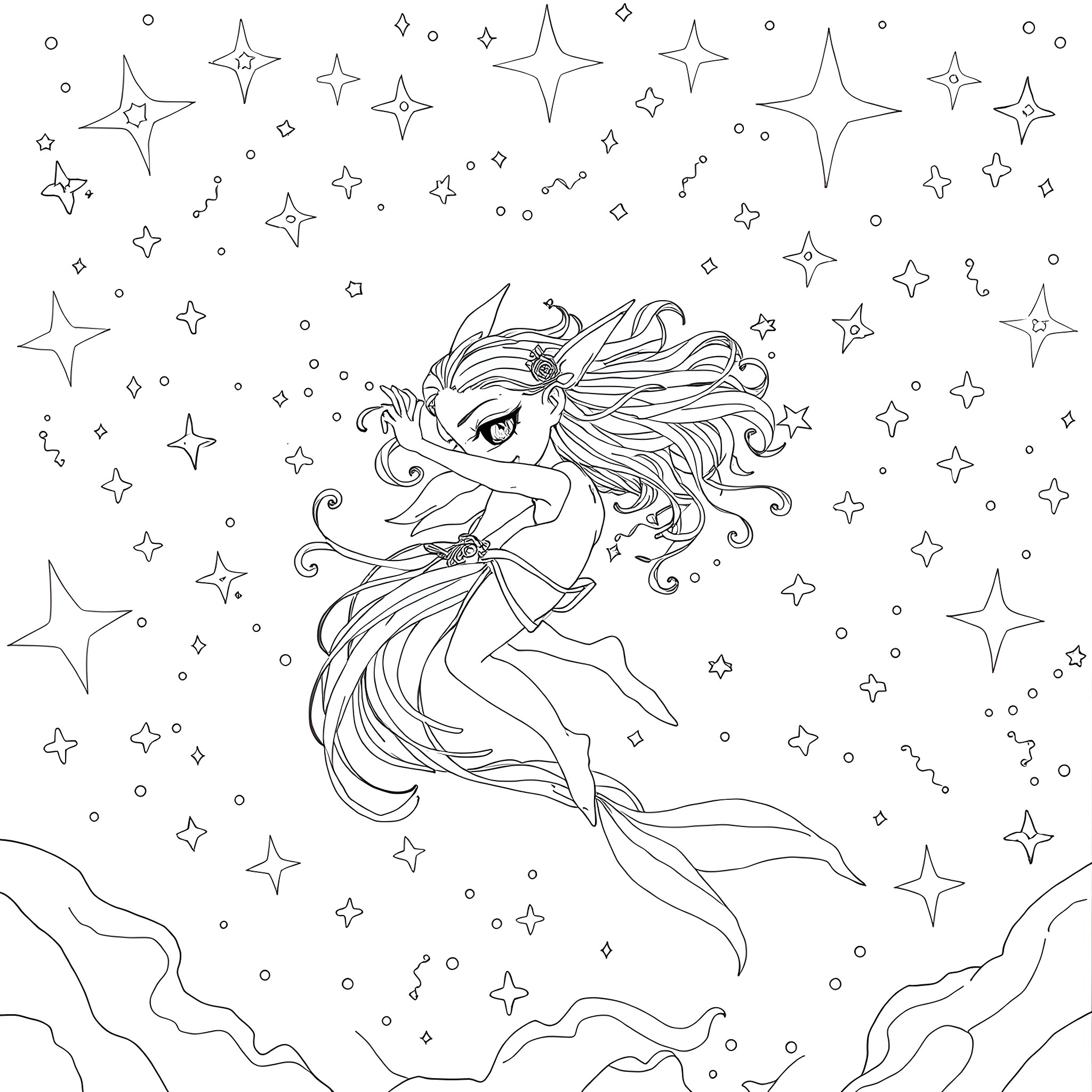 Elf mermaid dancing among the stars Coloring Page (free black-and-white line drawing printable PDF for all, from beginners to advanced learners, including children, teens, adults, and seniors)