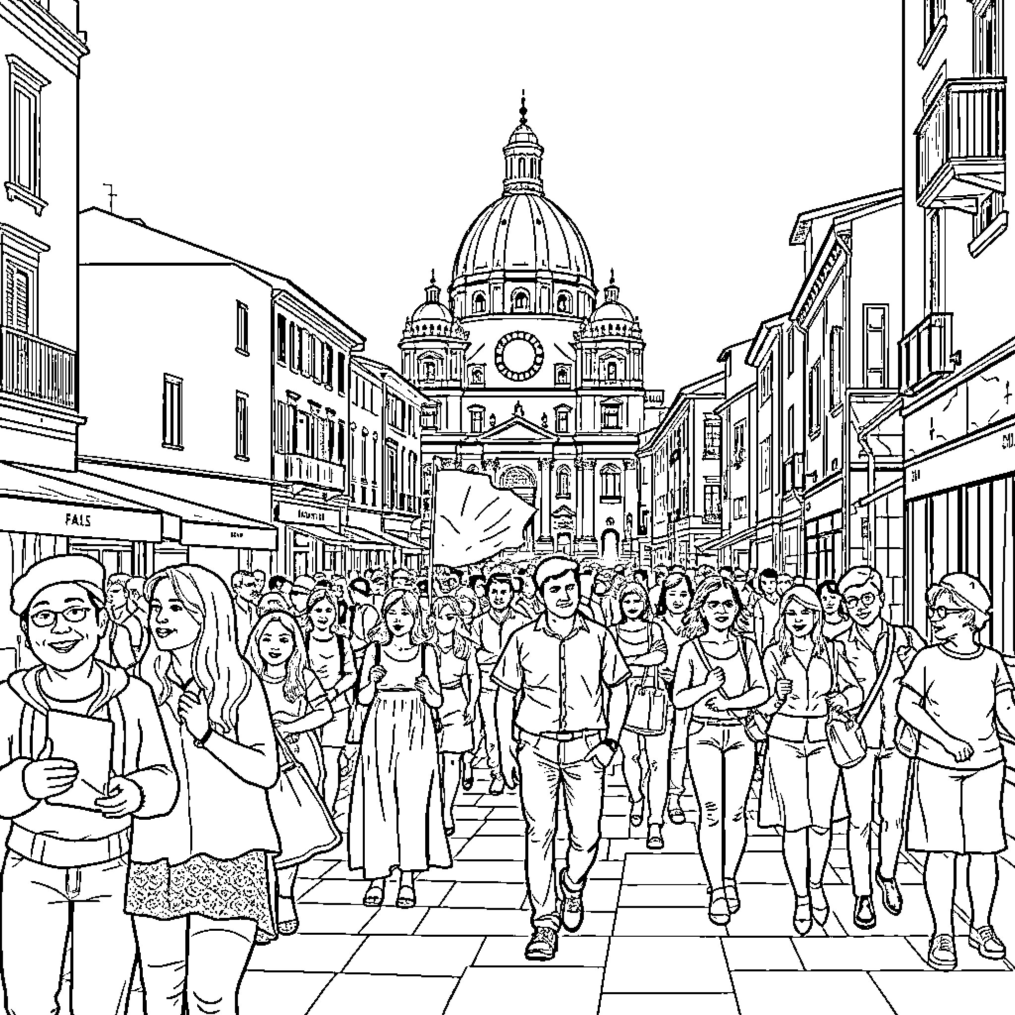 Napoletano Street Scene with Bustling Crowd Coloring Page (free black-and-white line drawing printable PDF for all, from beginners to advanced learners, including children, teens, adults, and seniors)