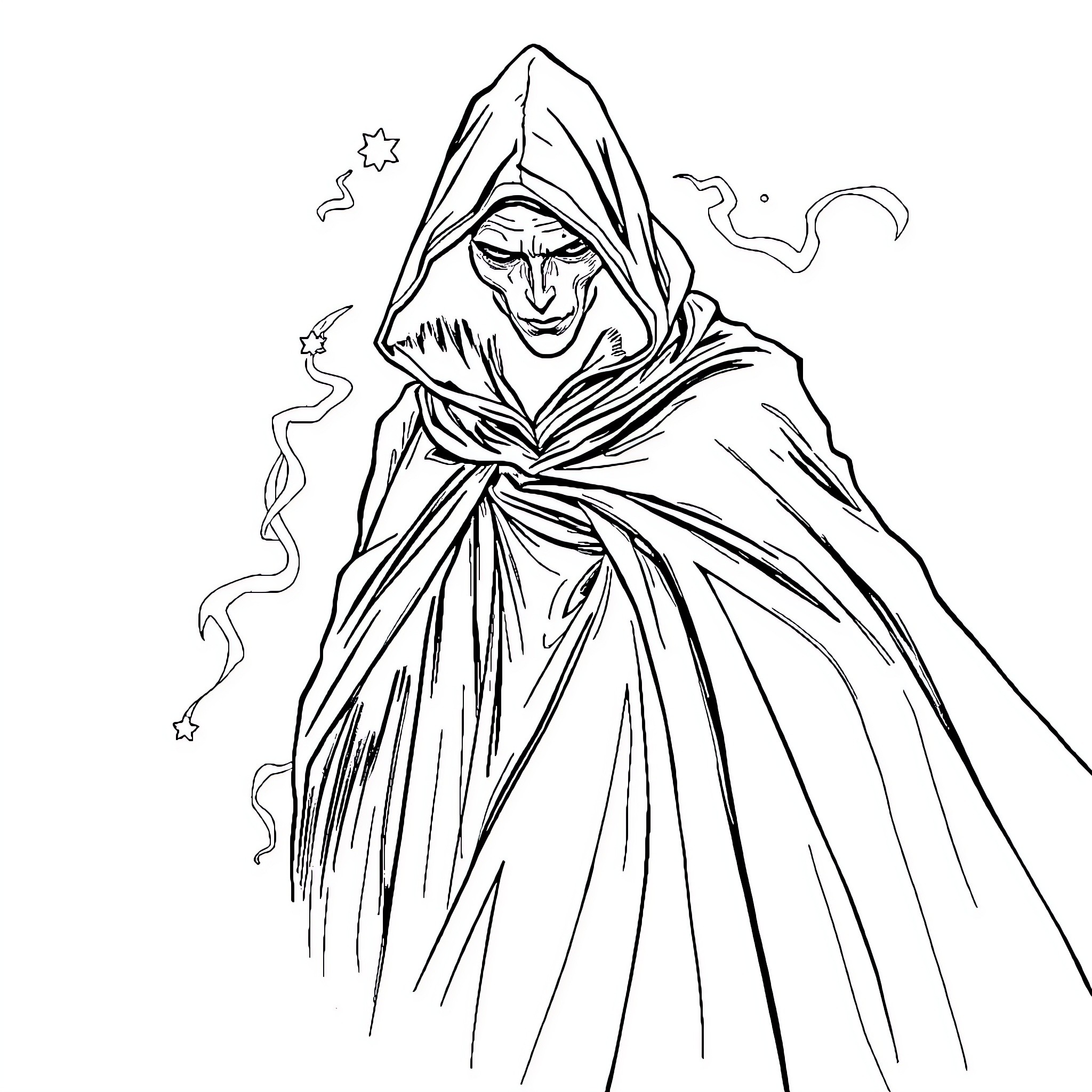 Phantom Cloaked Figure Shrouded in Mystery Coloring Page (free black-and-white line drawing printable PDF for all, from beginners to advanced learners, including children, teens, adults, and seniors)