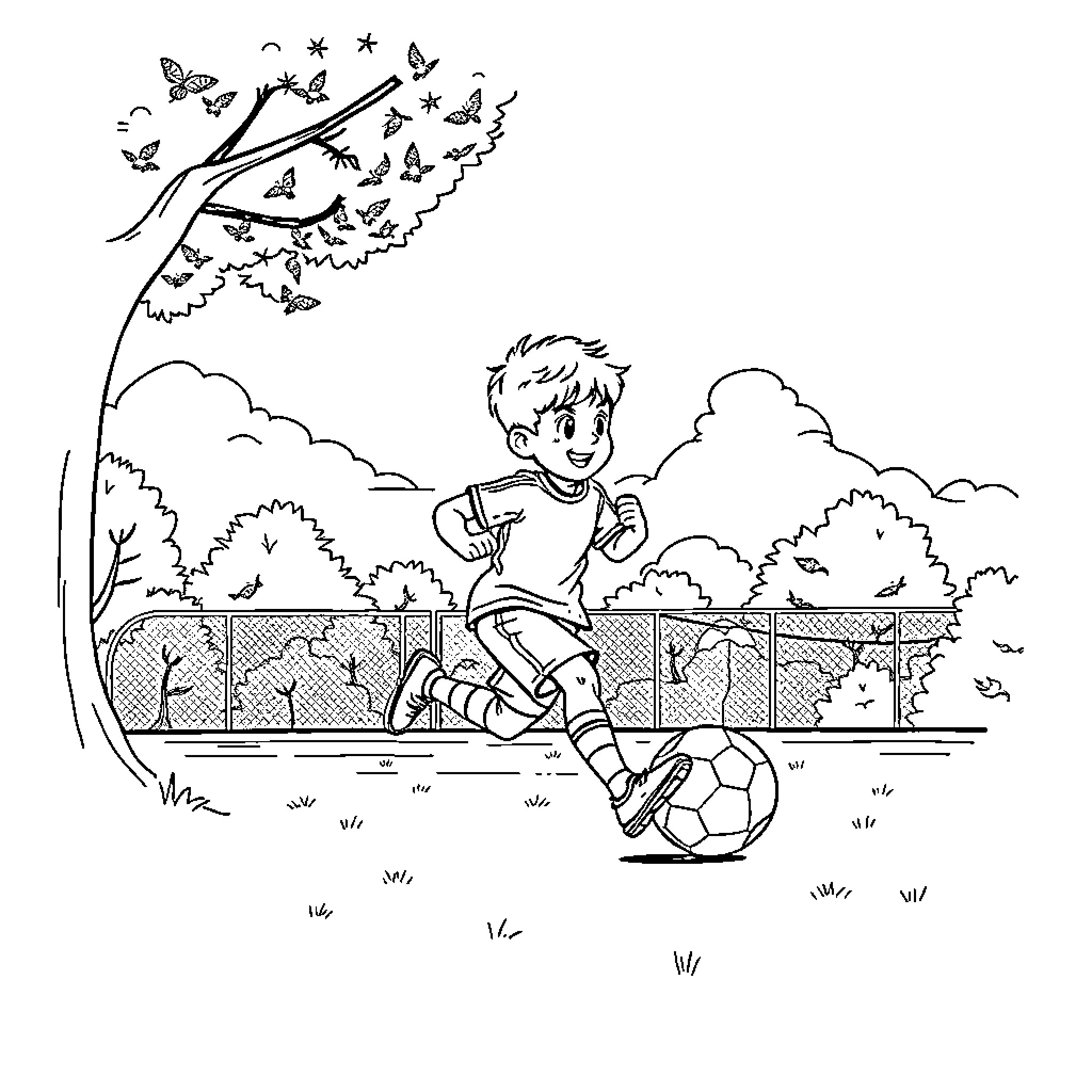 Child playing with soccer ball in nature Coloring Page (free black-and-white line drawing printable PDF for all, from beginners to advanced learners, including children, teens, adults, and seniors)