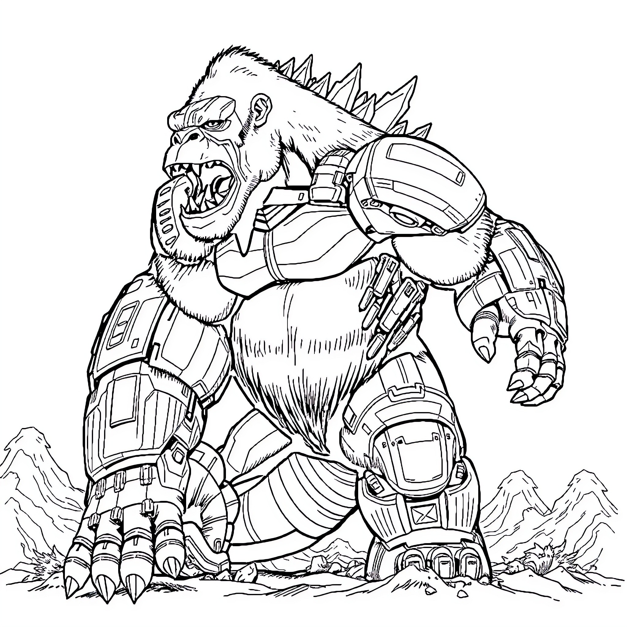 King Kong armored cybernetic beast in the wilderness Coloring Page (free black-and-white line drawing printable PDF for all, from beginners to advanced learners, including children, teens, adults, and seniors)