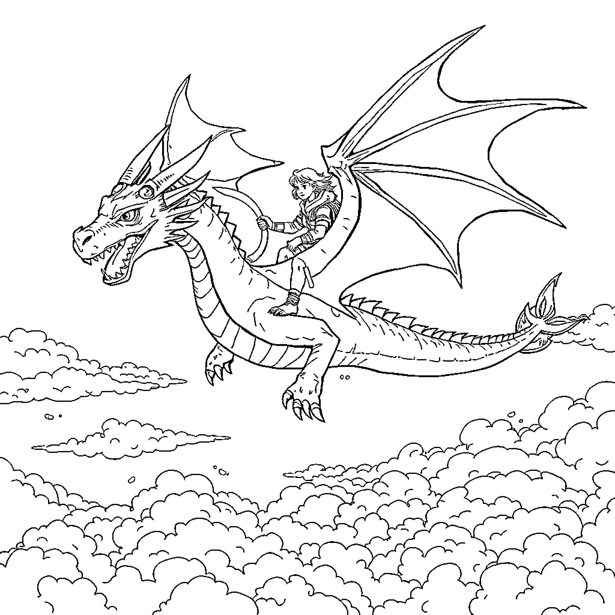 Dragon soaring through the clouds Coloring Page (free black-and-white line drawing printable PDF for all, from beginners to advanced learners, including children, teens, adults, and seniors)