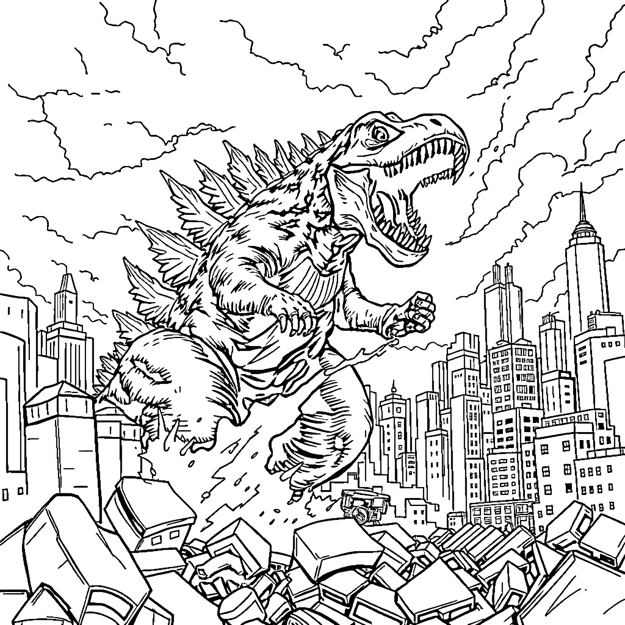 Godzilla rampaging through a cityscape Coloring Page (free black-and-white line drawing printable PDF for all, from beginners to advanced learners, including children, teens, adults, and seniors)