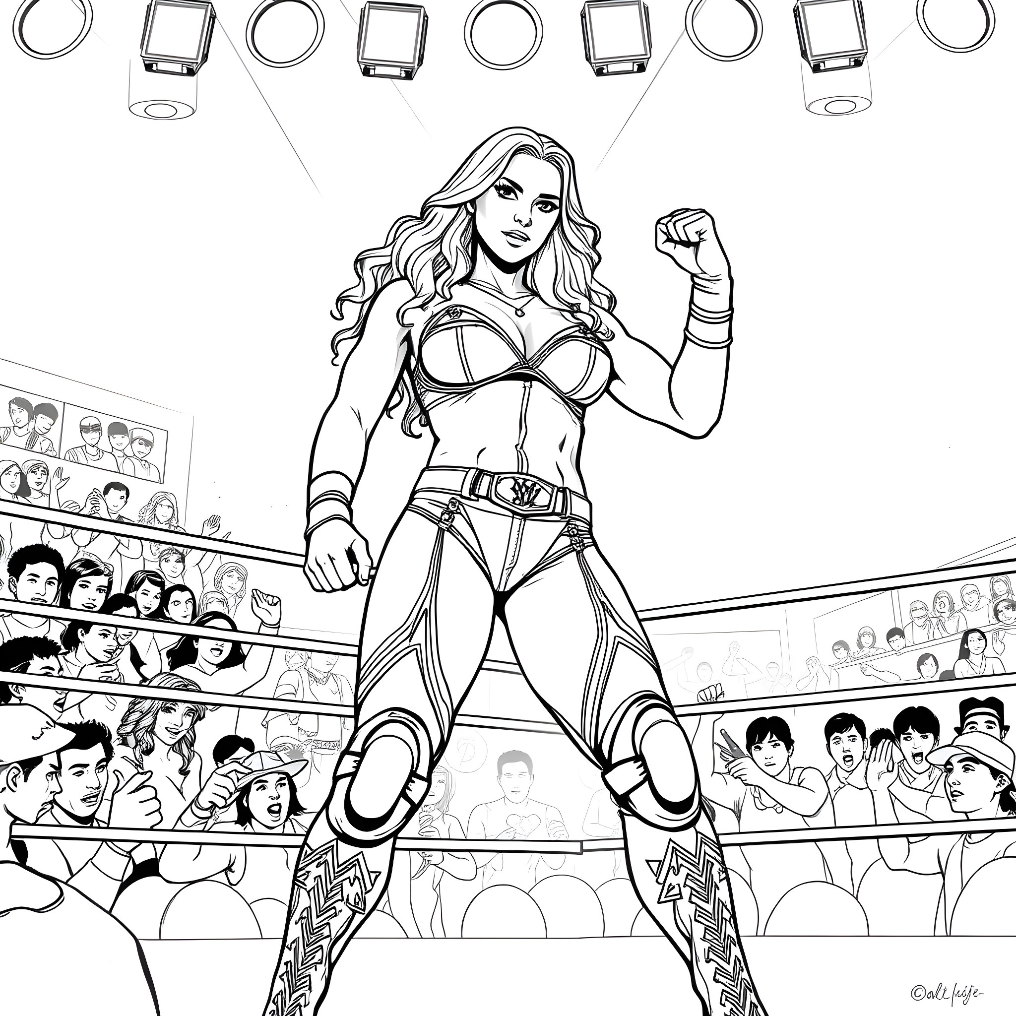 Rhea Ripley's Powerful Wrestling Performance Coloring Page (free black-and-white line drawing printable PDF for all, from beginners to advanced learners, including children, teens, adults, and seniors)