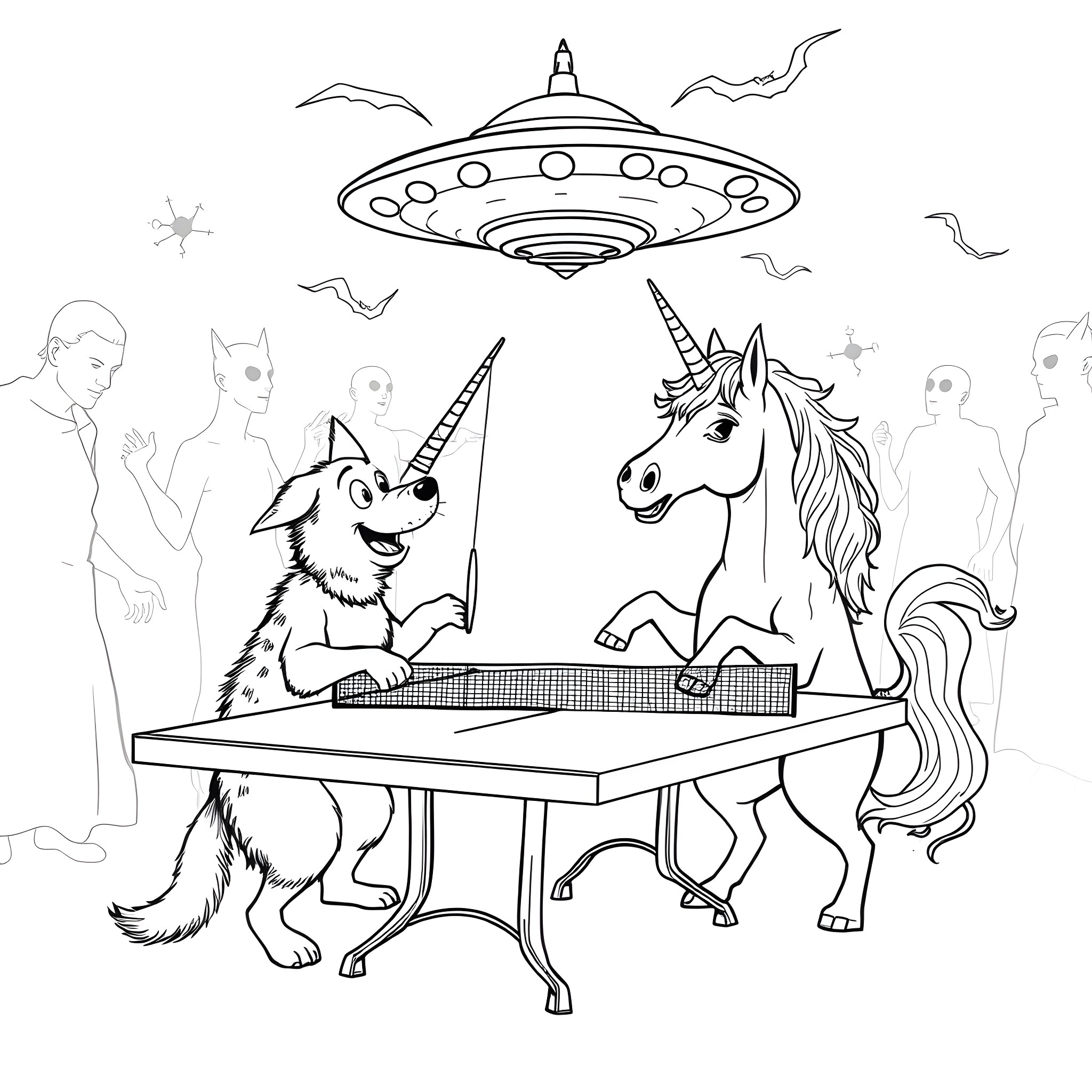 Dog and unicorn playing at a picnic with aliens Coloring Page (free black-and-white line drawing printable PDF for all, from beginners to advanced learners, including children, teens, adults, and seniors)