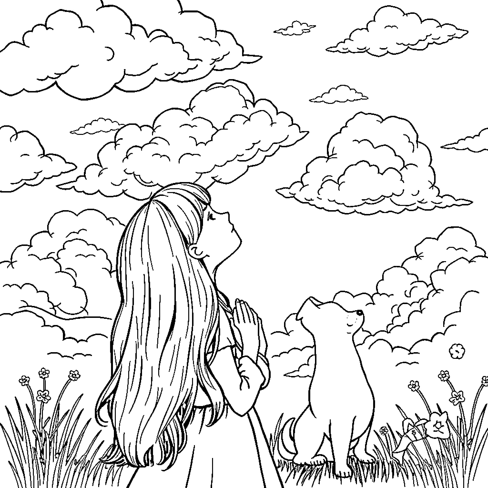 Girl gazes at animals in cloudy meadow Coloring Page (free black-and-white line drawing printable PDF for all, from beginners to advanced learners, including children, teens, adults, and seniors)