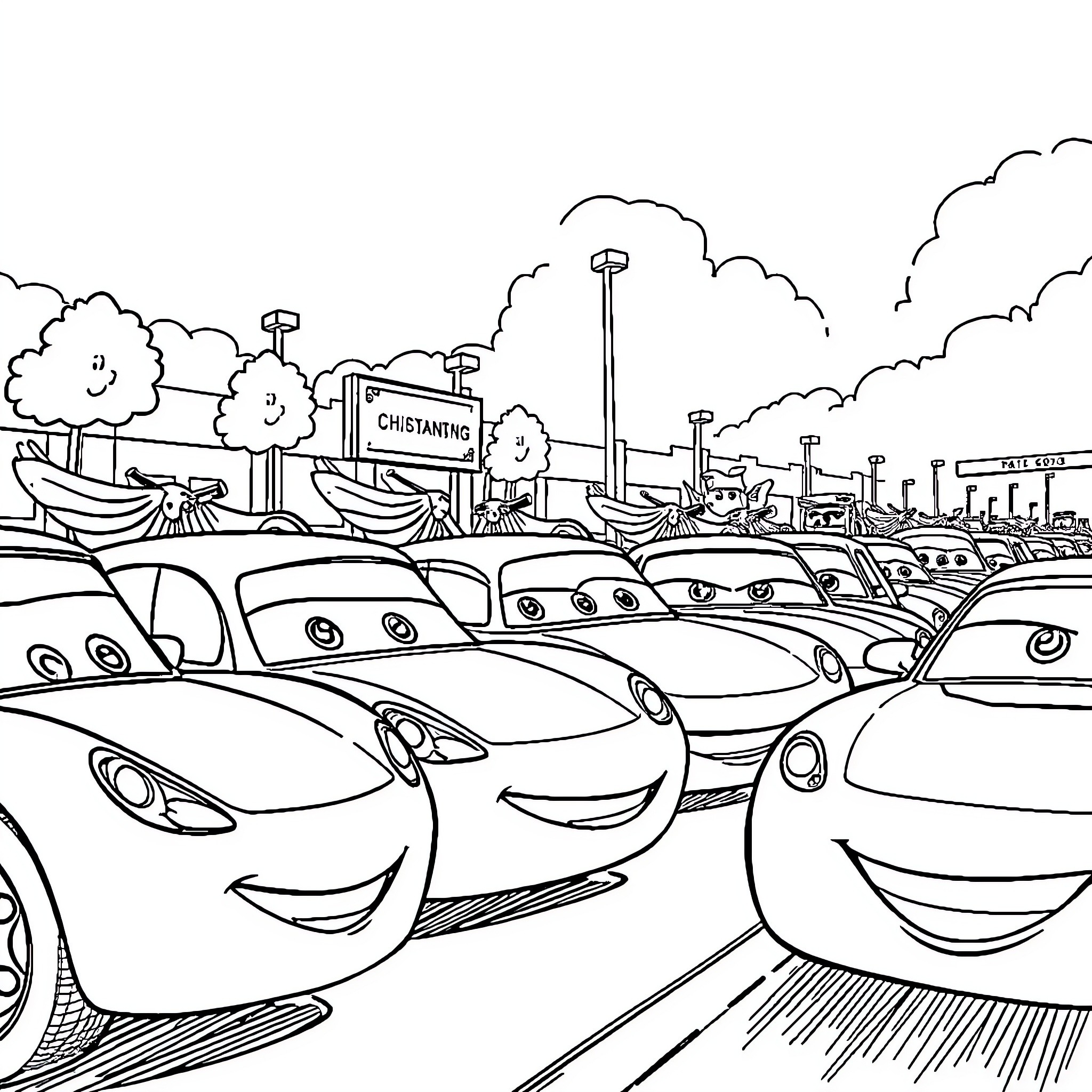 Cars awaiting showroom display in parking lot Coloring Page (free black-and-white line drawing printable PDF for all, from beginners to advanced learners, including children, teens, adults, and seniors)