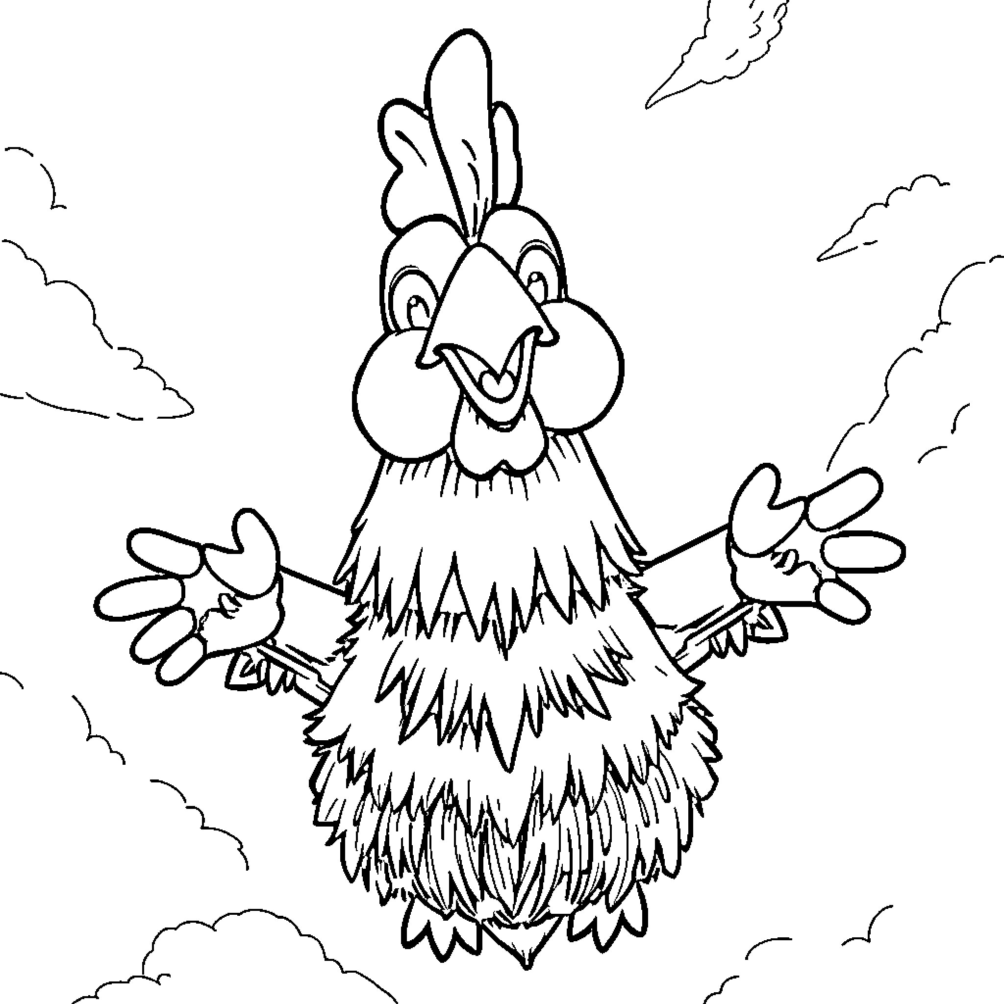 Gon the funny and playful chicken in the sky Coloring Page (free black-and-white line drawing printable PDF for all, from beginners to advanced learners, including children, teens, adults, and seniors)
