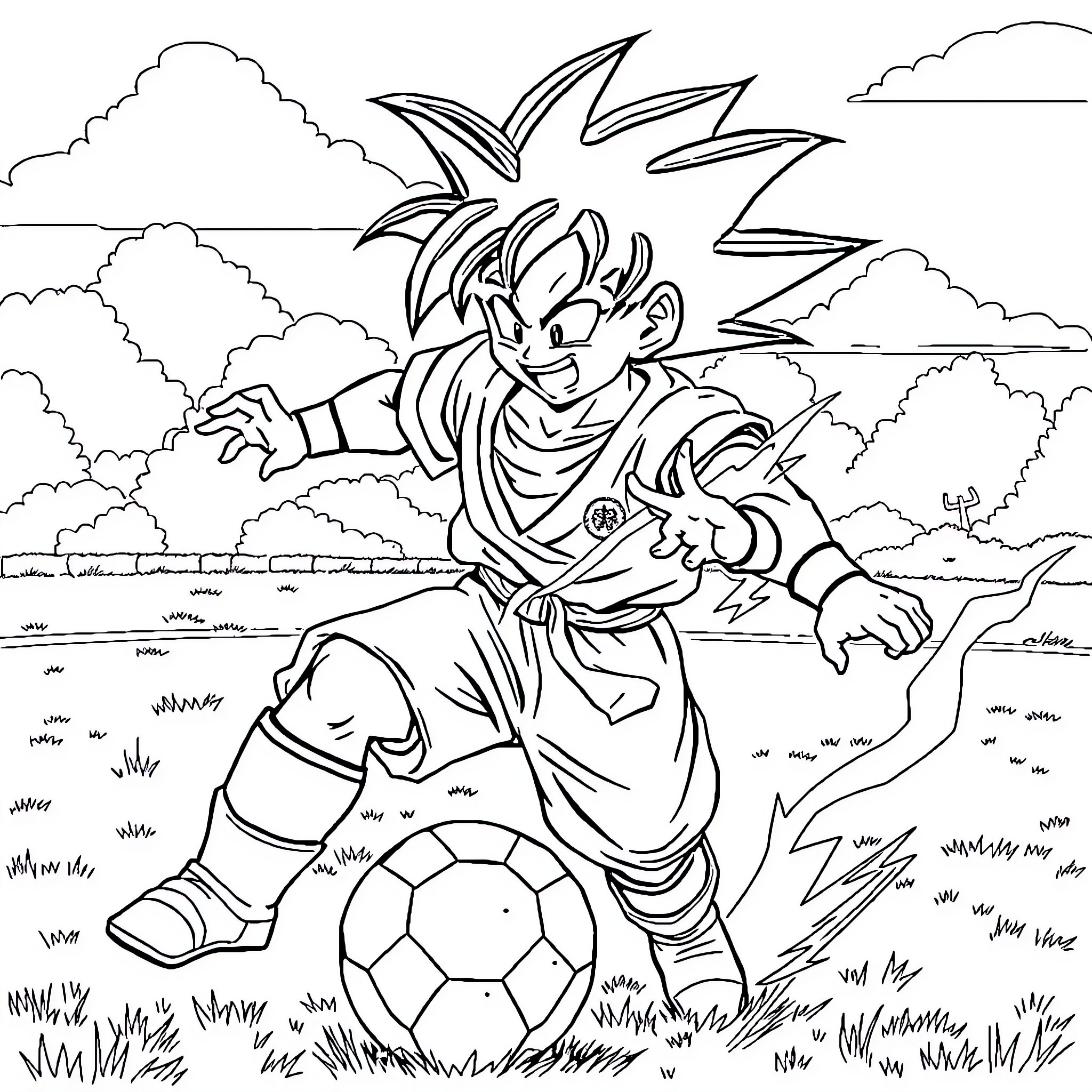 Goku excitedly playing with a soccer ball in the field Coloring Page (free black-and-white line drawing printable PDF for all, from beginners to advanced learners, including children, teens, adults, and seniors)