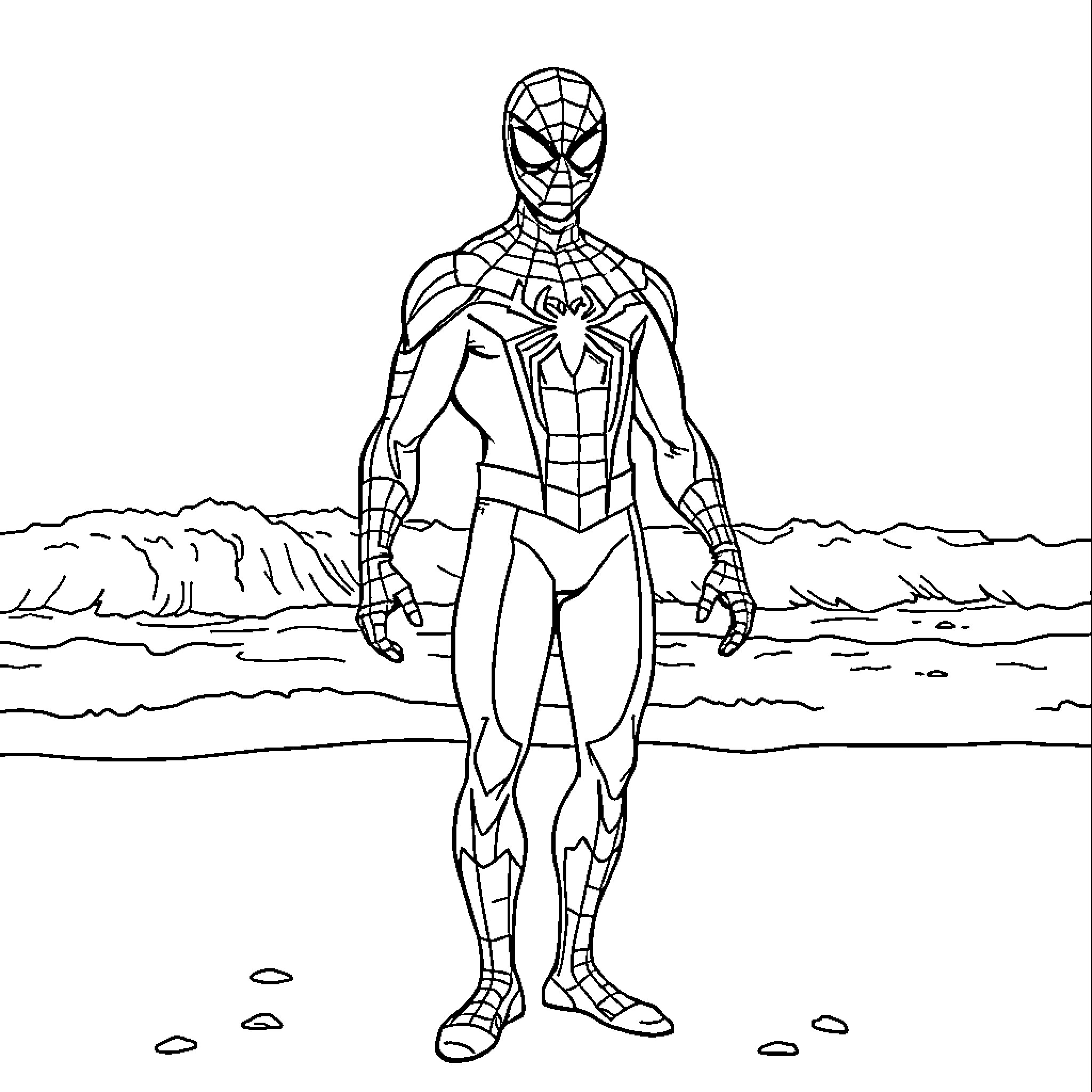 Spiderman standing heroically on the beach Coloring Page (free black-and-white line drawing printable PDF for all, from beginners to advanced learners, including children, teens, adults, and seniors)
